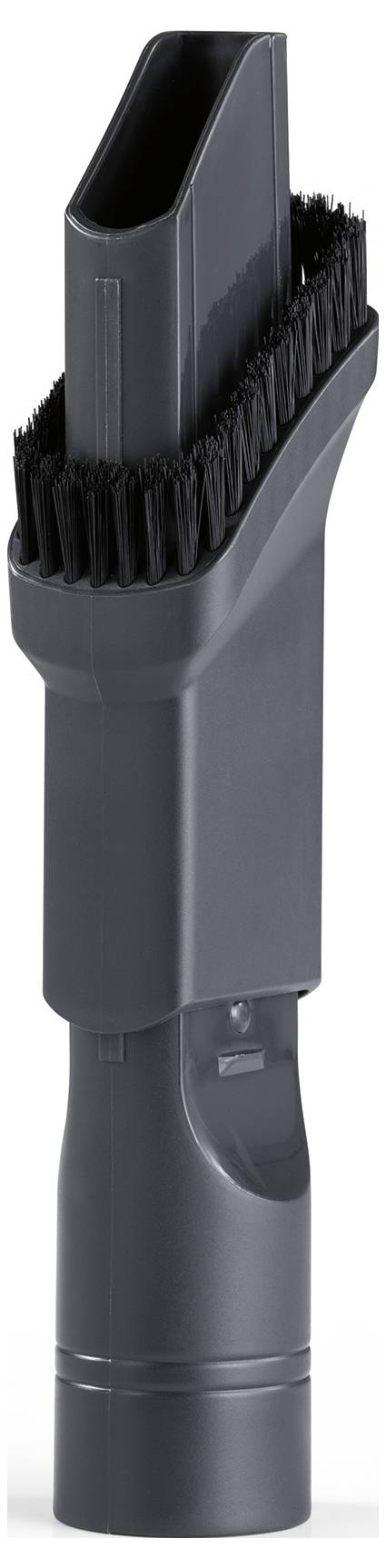 Ein graues Staubsauger-Aufsatz mit einer schmalen Düse und seitlichen Bürsten zum Reinigen von engen Räumen und zum Abbürsten von Oberflächen.