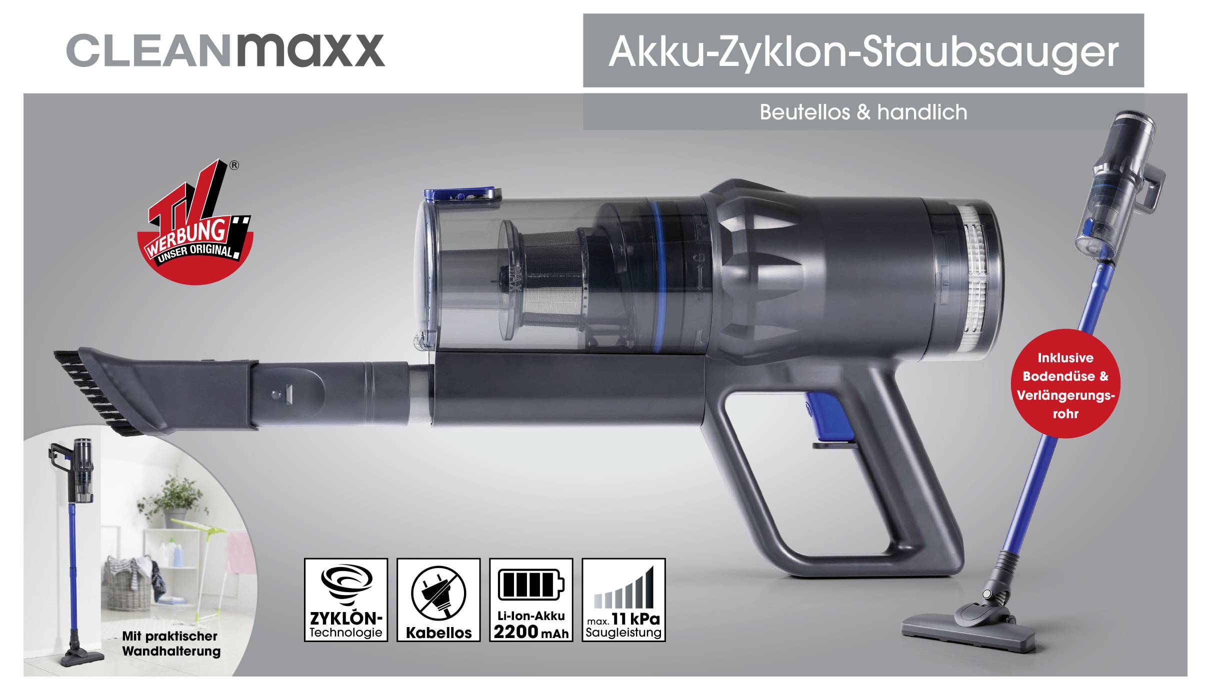 Akku-Zyklon-Staubsauger von Cleanmaxx. Beutellos und handlich. Enthält Boden- und Verlängerungsrohr. Inklusive Wandhalterung.