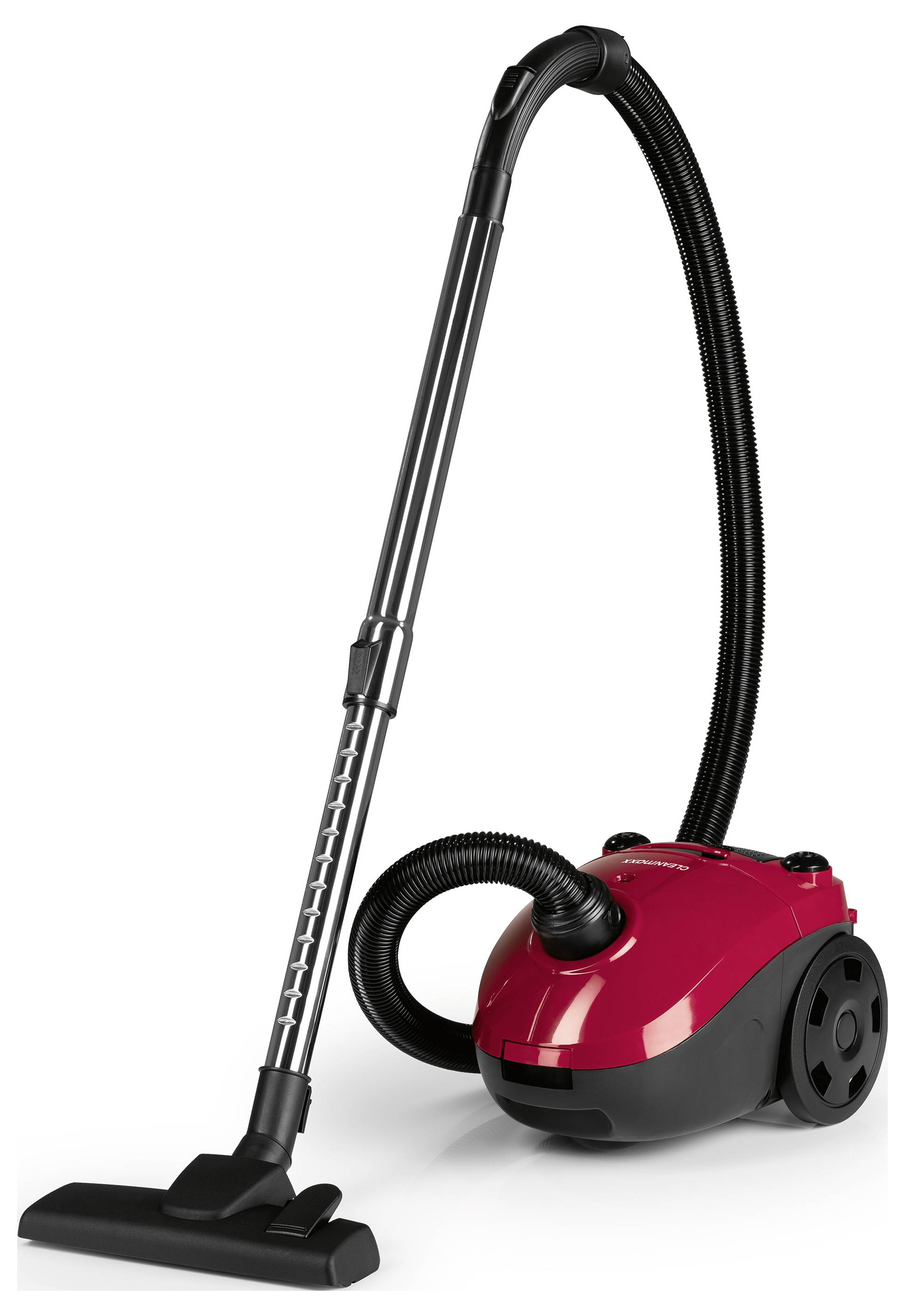 Ein roter Behälterstaubsauger mit einem langen schwarzen Schlauch und Aufsatz, der für den Hausgebrauch auf verschiedenen Bodentypen konzipiert ist.