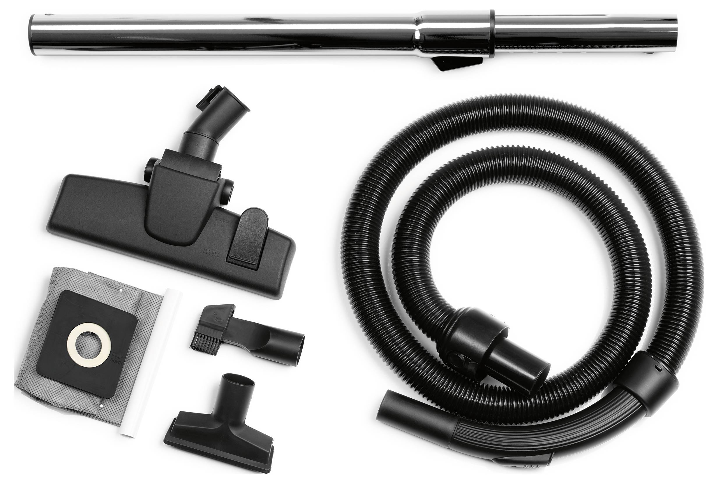 Ein Staubsauger-Zubehörset, bestehend aus einem Schlauch, einem Verlängerungsrohr, einer Bodendüse und zusätzlichen Düsen für eine Vielzahl von Reinigungsaufgaben.