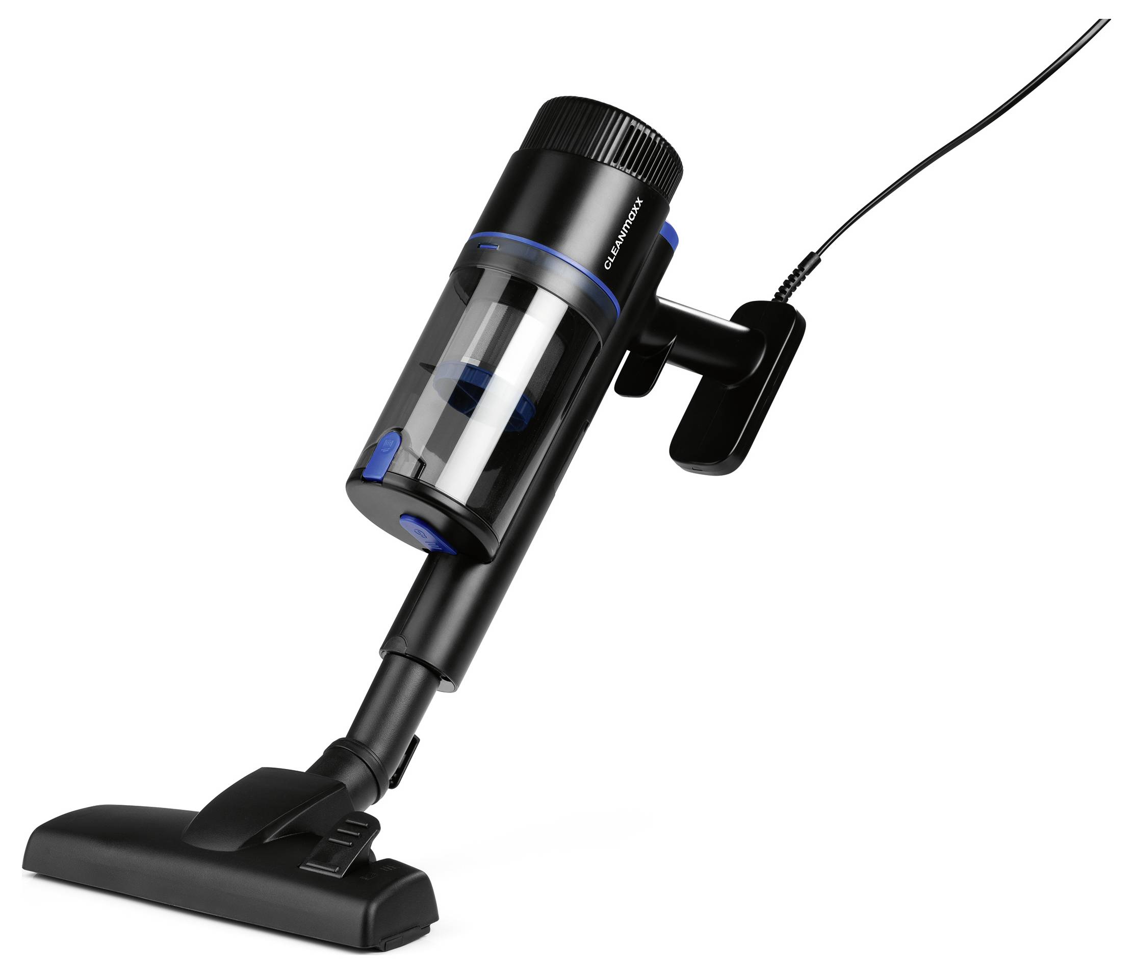 Ein schwarzer tragbarer Staubsauger mit transparentem Staubbehälter und blauen Akzenten, konzipiert für die einfache Reinigung von kleinen Räumen und Oberflächen.