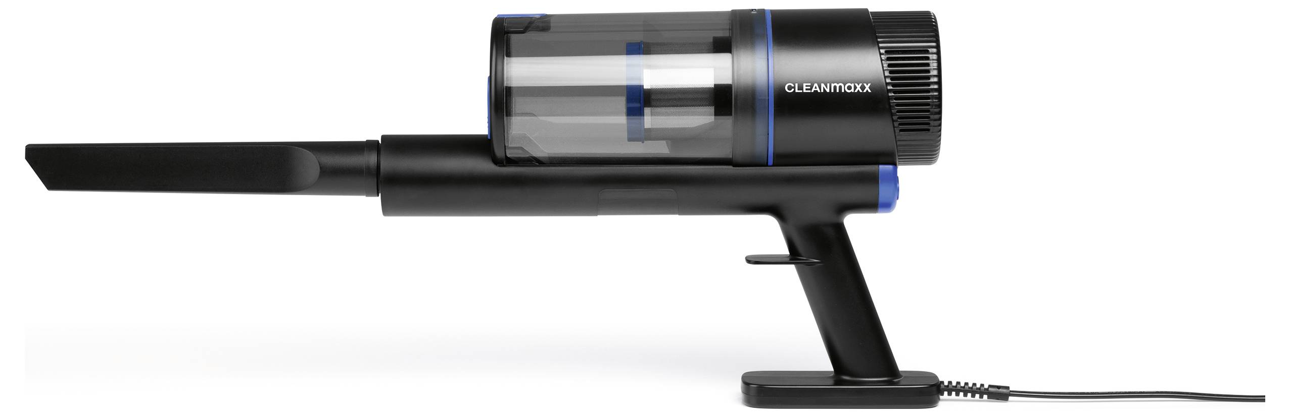 Ein tragbarer Staubsauger mit elegantem schwarzem und blauem Design, ausgestattet mit einer transparenten Schmutzauffangkammer, wird vor weißem Hintergrund präsentiert.