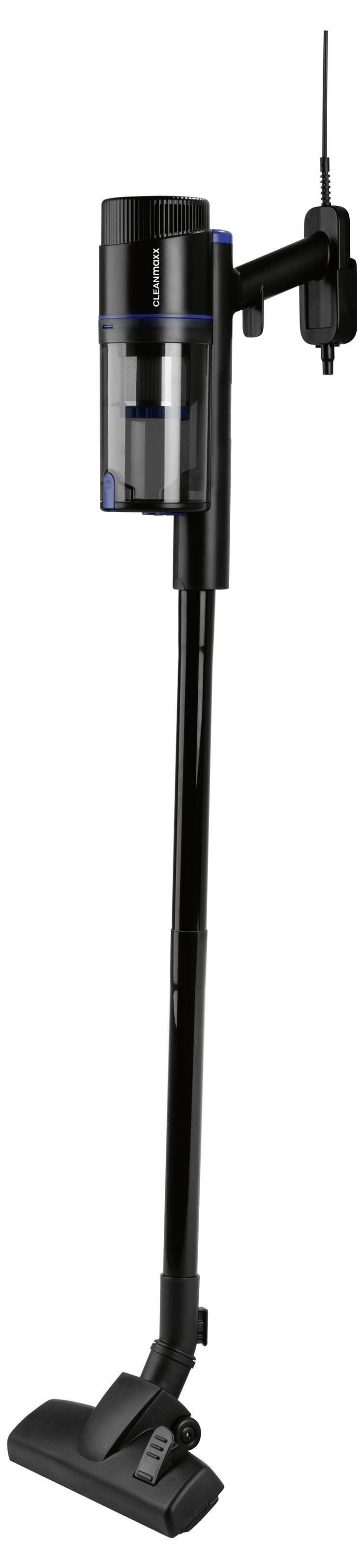 Ein schwarzer schnurloses Staubsauger an der Wand montiert, mit transparentem Staubbehälter und verstellbarer Länge, der effiziente Lagerung hervorhebt.