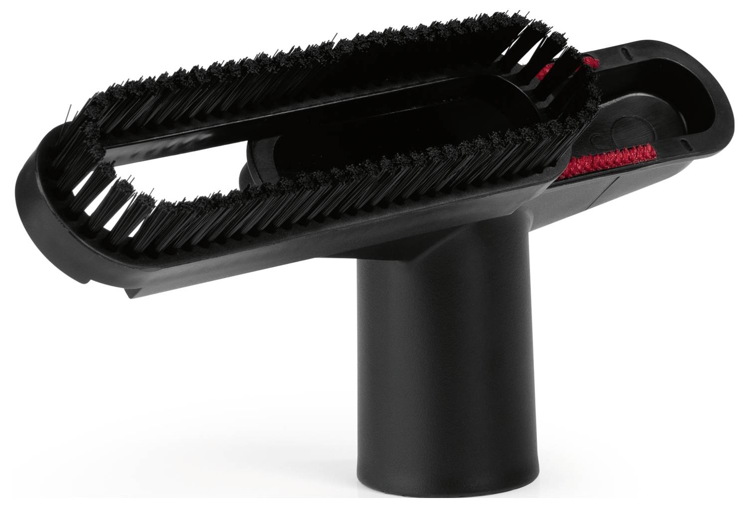 Eine schwarze Staubsauger-Bürstenaufsatz mit Borsten auf beiden Seiten und zylindrischer Basis, entwickelt zum Reinigen von Polstermöbeln und zum Entfernen von Haaren.
