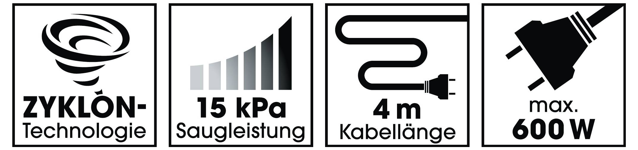 'Zyklon-Technologie, 15 kPa Saugleistung, 4 m Kabellänge, max. 600 W.' Symbole für Technologien und Spezifikationen eines Staubsaugers.