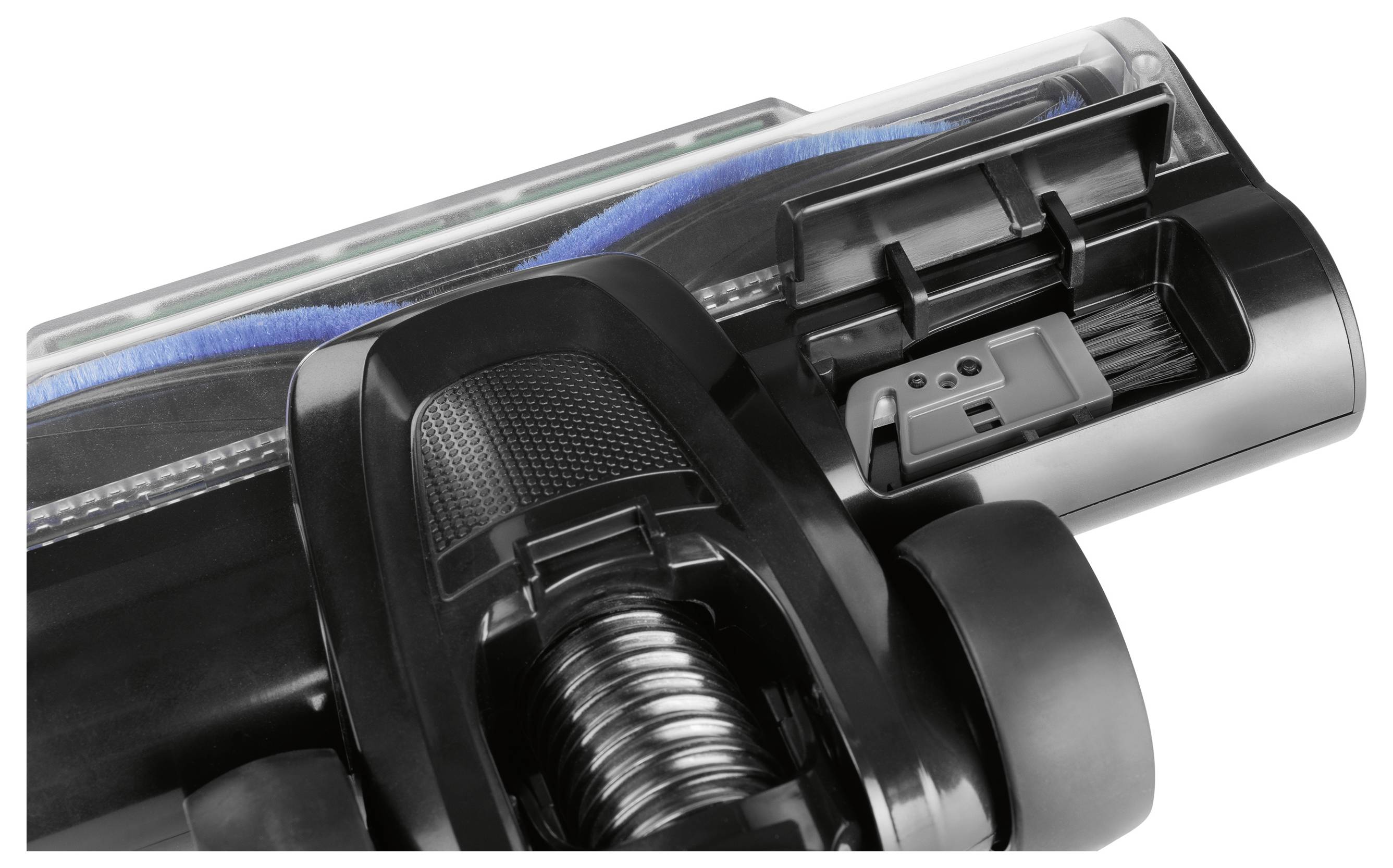 Nahaufnahme eines Staubsaugerkopfes mit Bürste und Düse, der den Reinigungsmechanismus und das Design zur effektiven Staubentfernung hervorhebt.