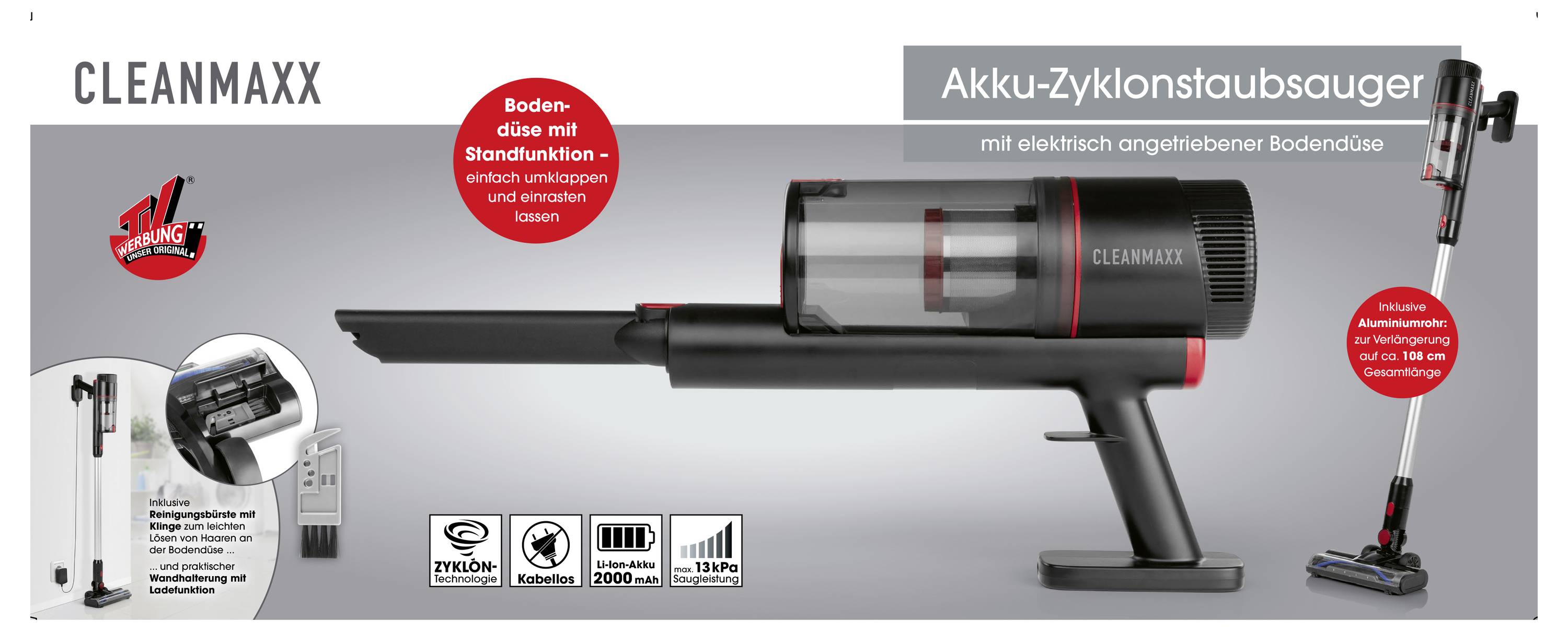 Kabelloser Zyklonstaubsauger mit elektrischer Bodendüse. Funktionen: Standfunktion, umklappbarer Griff, Zubehör für verschiedene Oberflächen.Entfernt bis zu 99% Feinstaub.