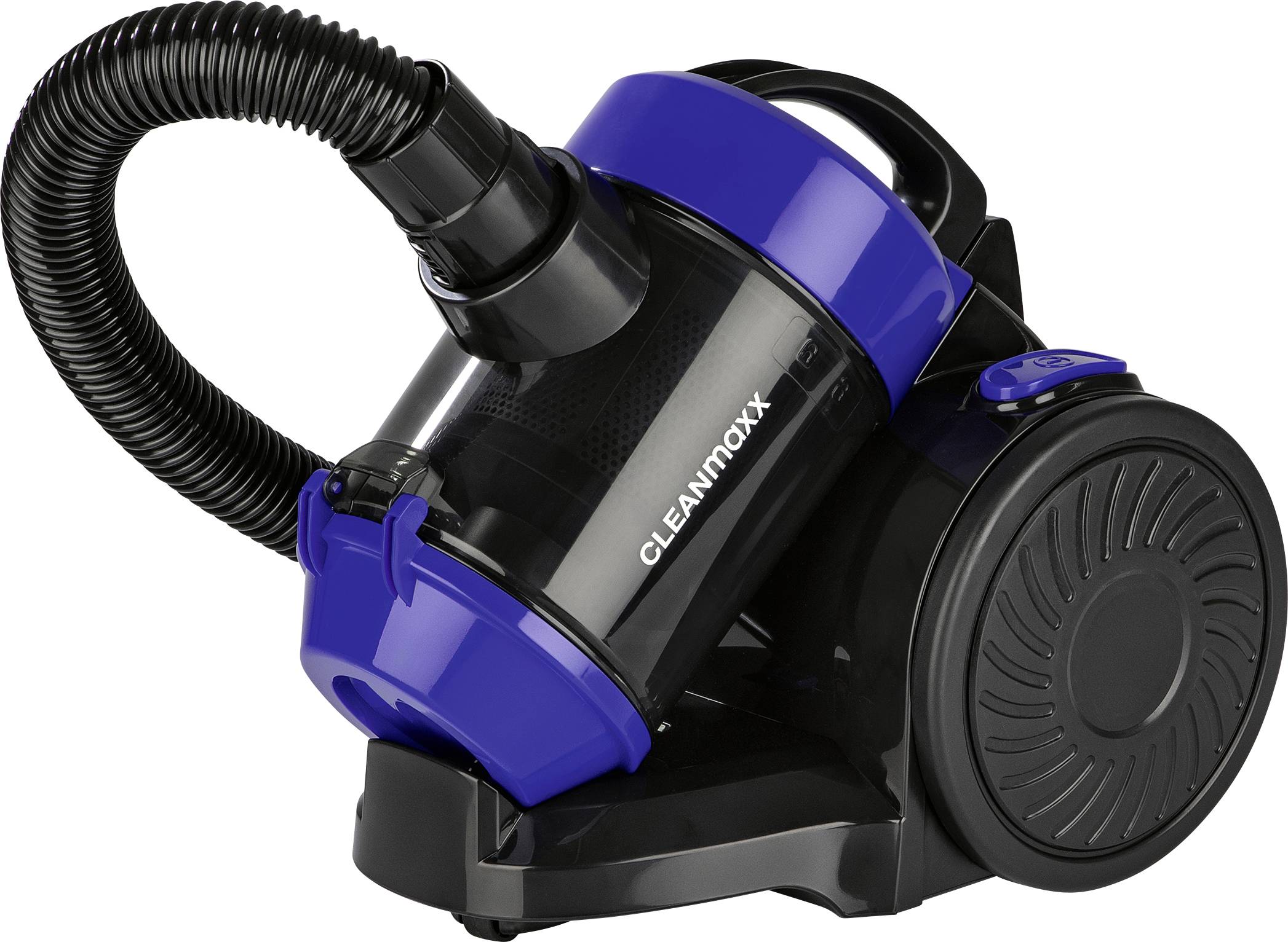 Ein kompakter Staubsauger in Schwarz und Blau mit durchsichtigem Behälter und Schlauchaufsatz mit der Bezeichnung „CLEANmaxx