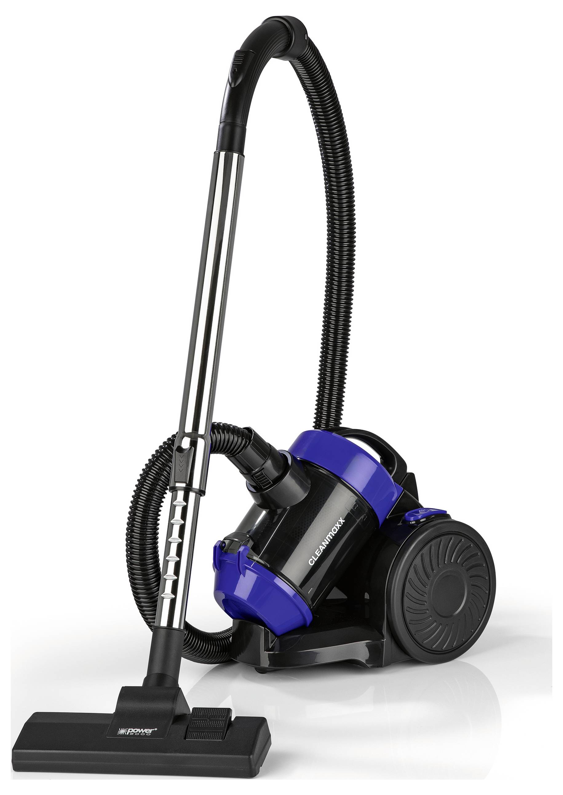 Ein blauschwarzer Staubsauger mit einem langen Schlauch und einem Behälter mit Rädern, entworfen für effiziente Bodenreinigung.