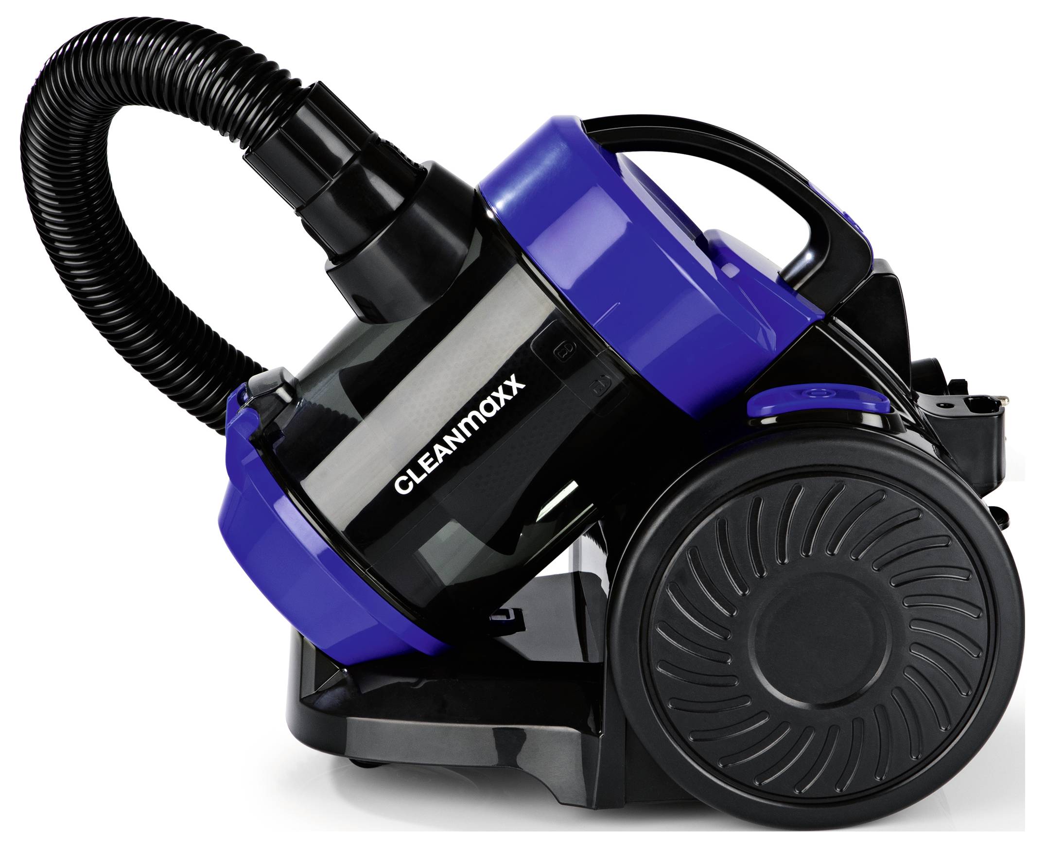 Ein blauer und schwarzer Staubsauger mit der Bezeichnung 