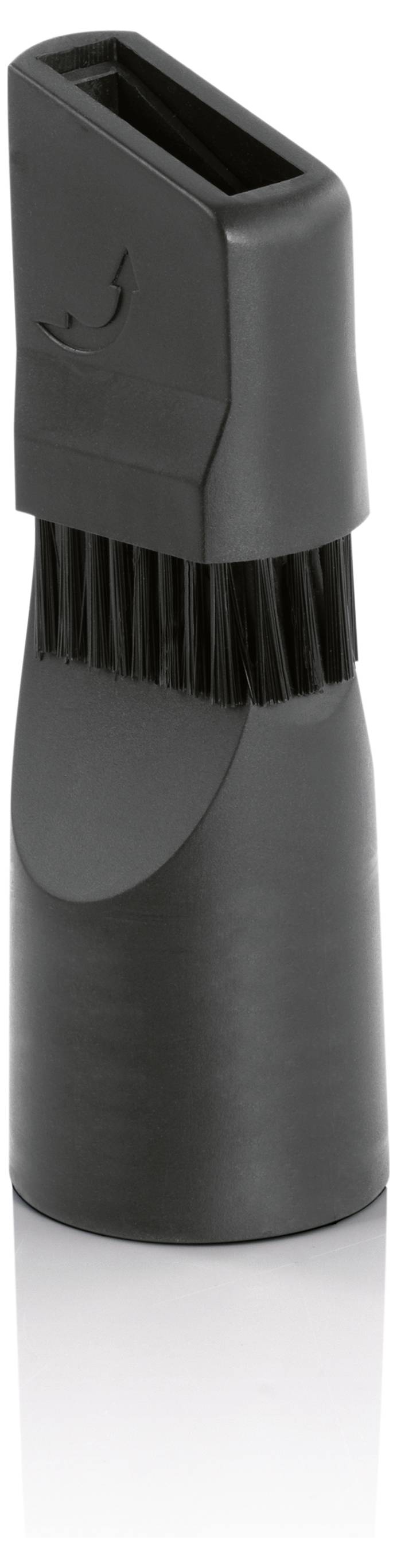 Eine schwarze Staubsauger-Bürstenaufsatz mit Borsten und angularem Design, verwendet zum Reinigen von Oberflächen und zum Erreichen von Rissen.