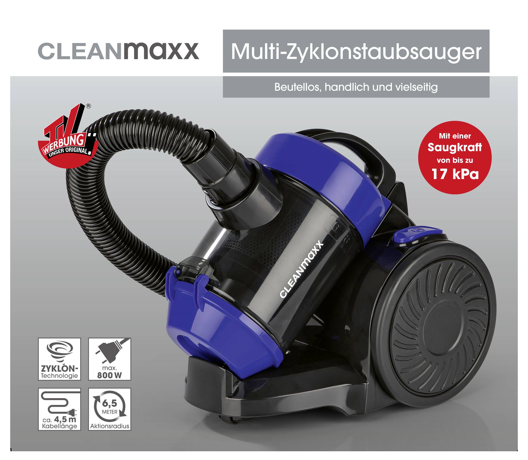 'Multi-Zyklonstaubsauger CLEANmaxx' in Blau mit Schlauch und großen Rädern. Highlights: 800 W Leistung, 17 kPa Saugleistung, 4,5 m Kabel.