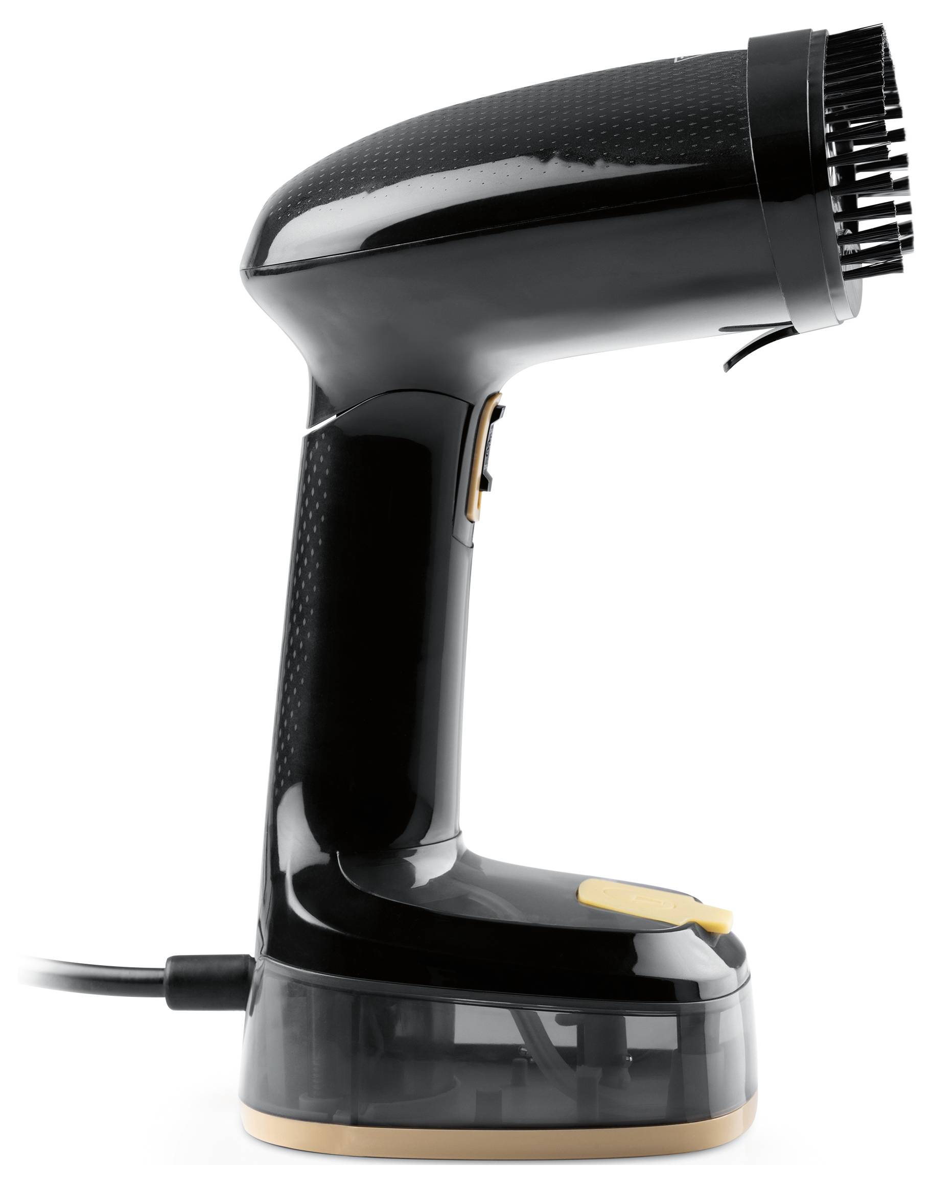 Schwarzes tragbares Dampfgerät für Kleidung mit Wassertank, Stromkabel und Dampfdüse, entwickelt zum Entfernen von Falten aus Kleidung.