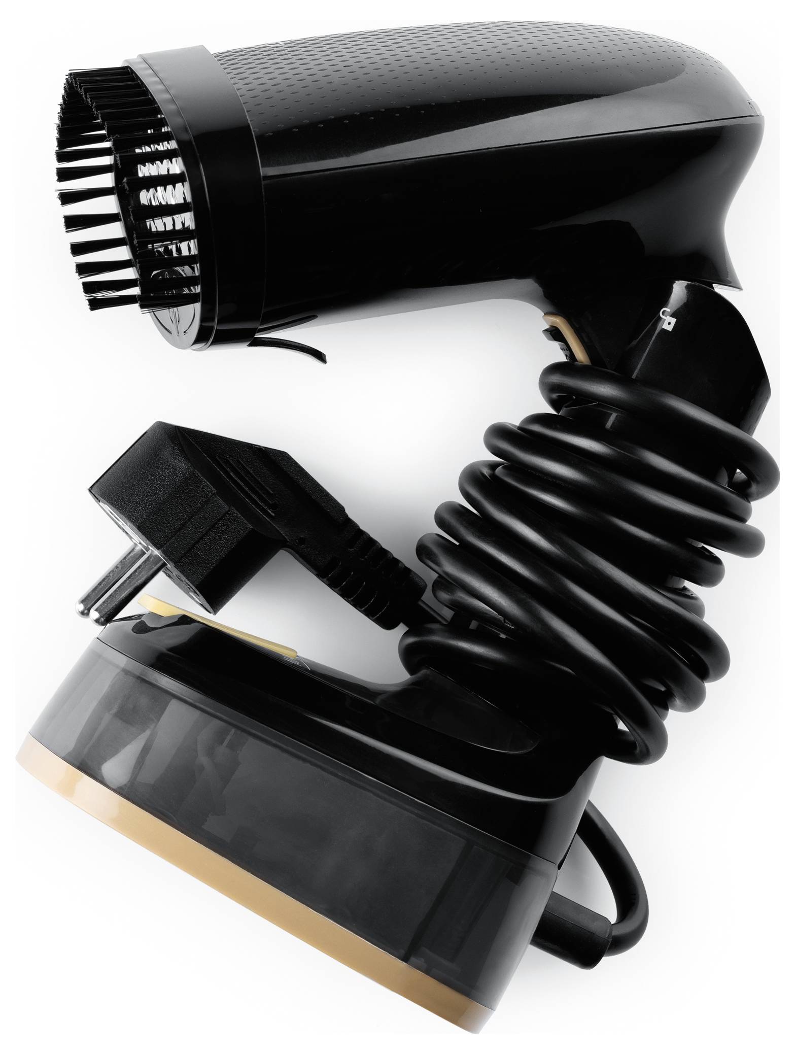 Ein schwarzer Haartrockner mit Spiralkabel liegt auf einer ebenen Fläche. Die Düse und der Stecker sind sichtbar.