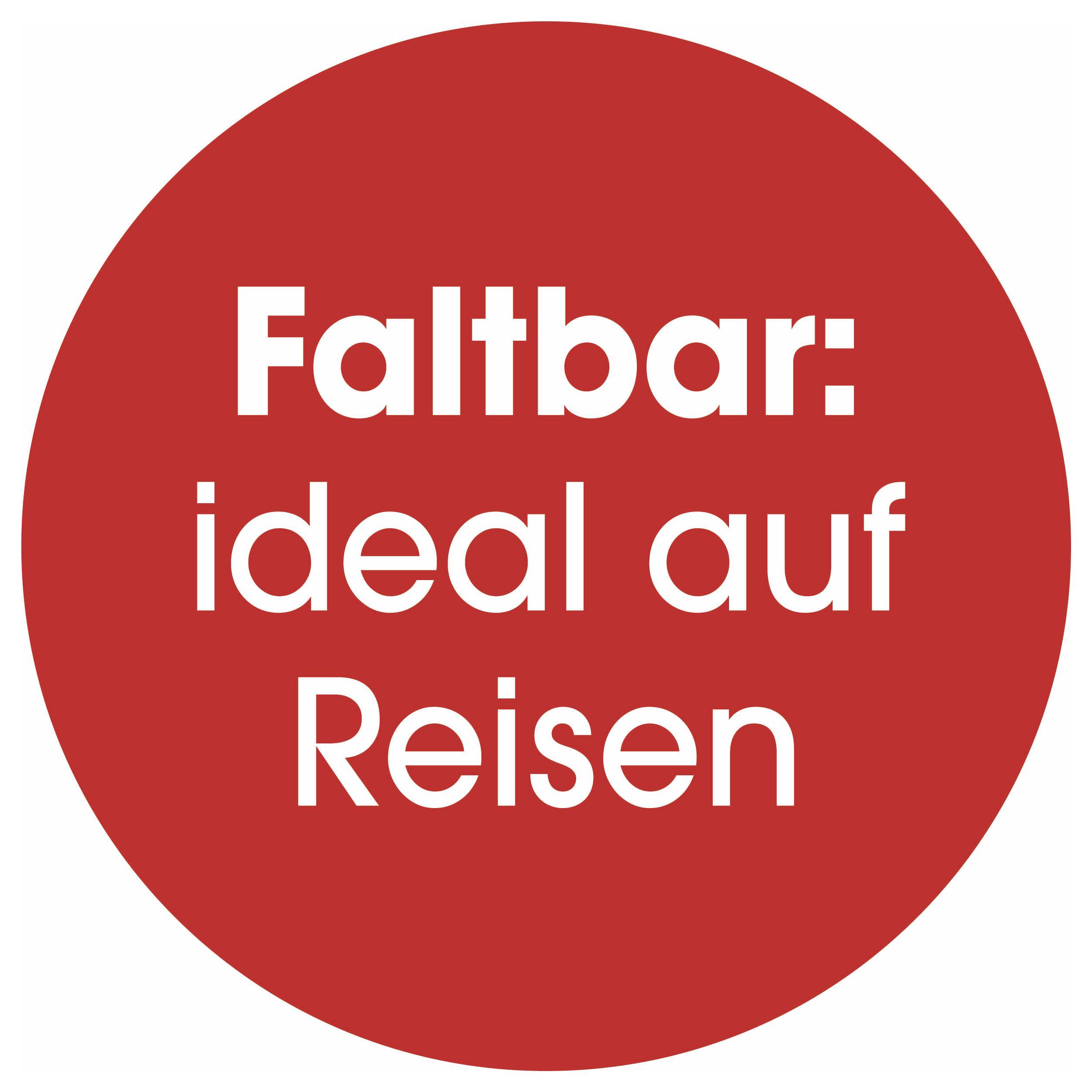 Roter Kreis mit weißem Text: 'Faltbar: ideal auf Reisen'.
