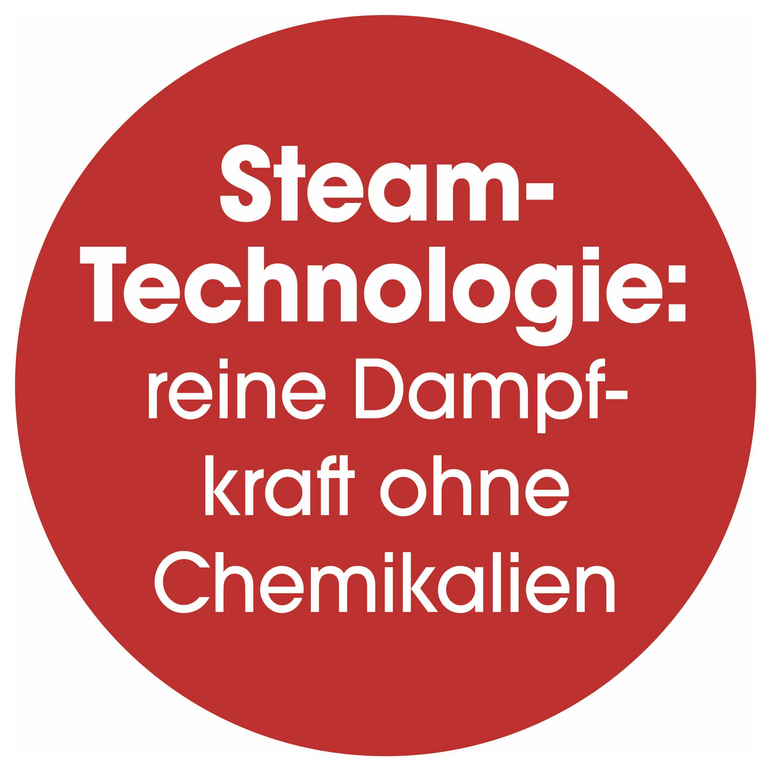 'Steam-Technologie: reine Dampfkraft ohne Chemikalien' steht auf einem roten Kreis.