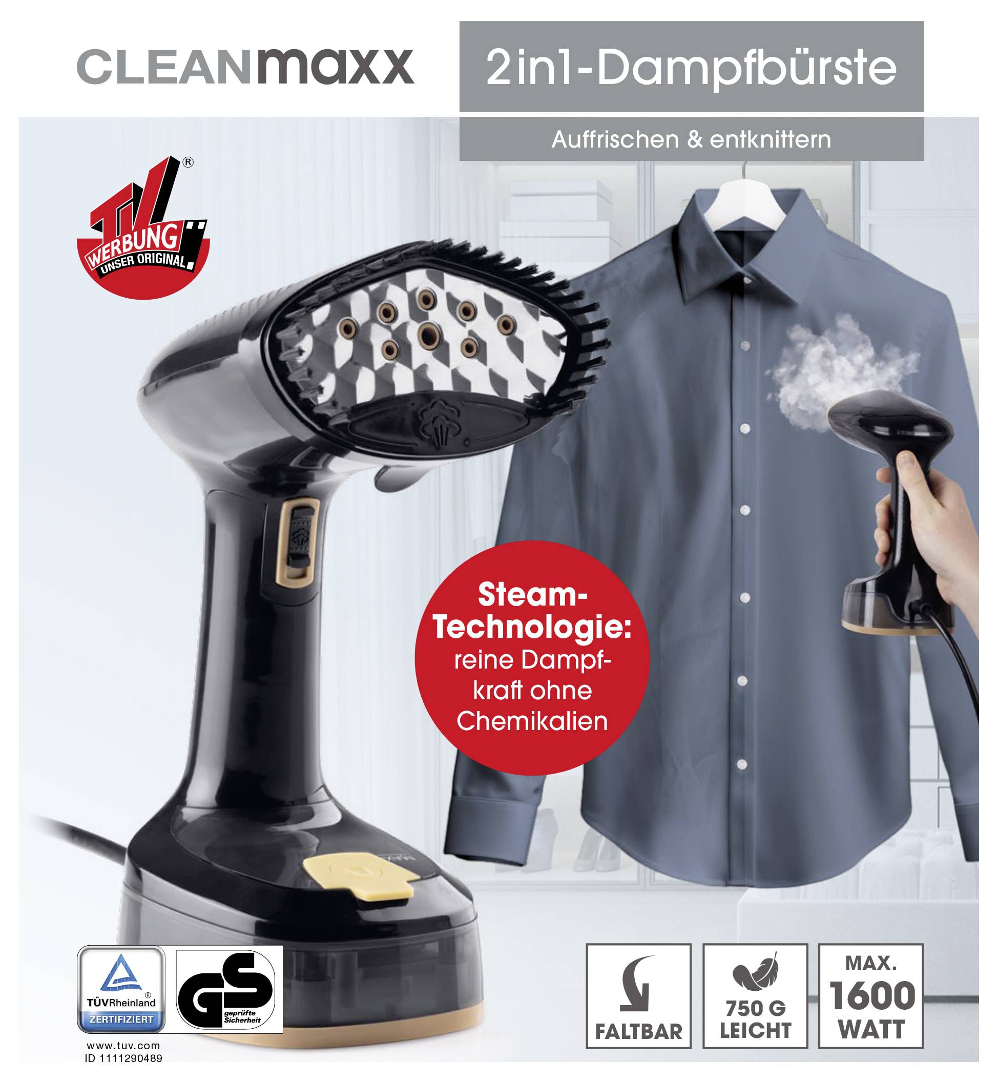 Produktbild einer 2-in-1-Dampfbürste von CLEANmaxx. Zeigt eine Dampfbürste vor einem glatten Hemd; hervorgehobene Funktionen: keine Chemikalien, klappbar, 750g, 1600W.