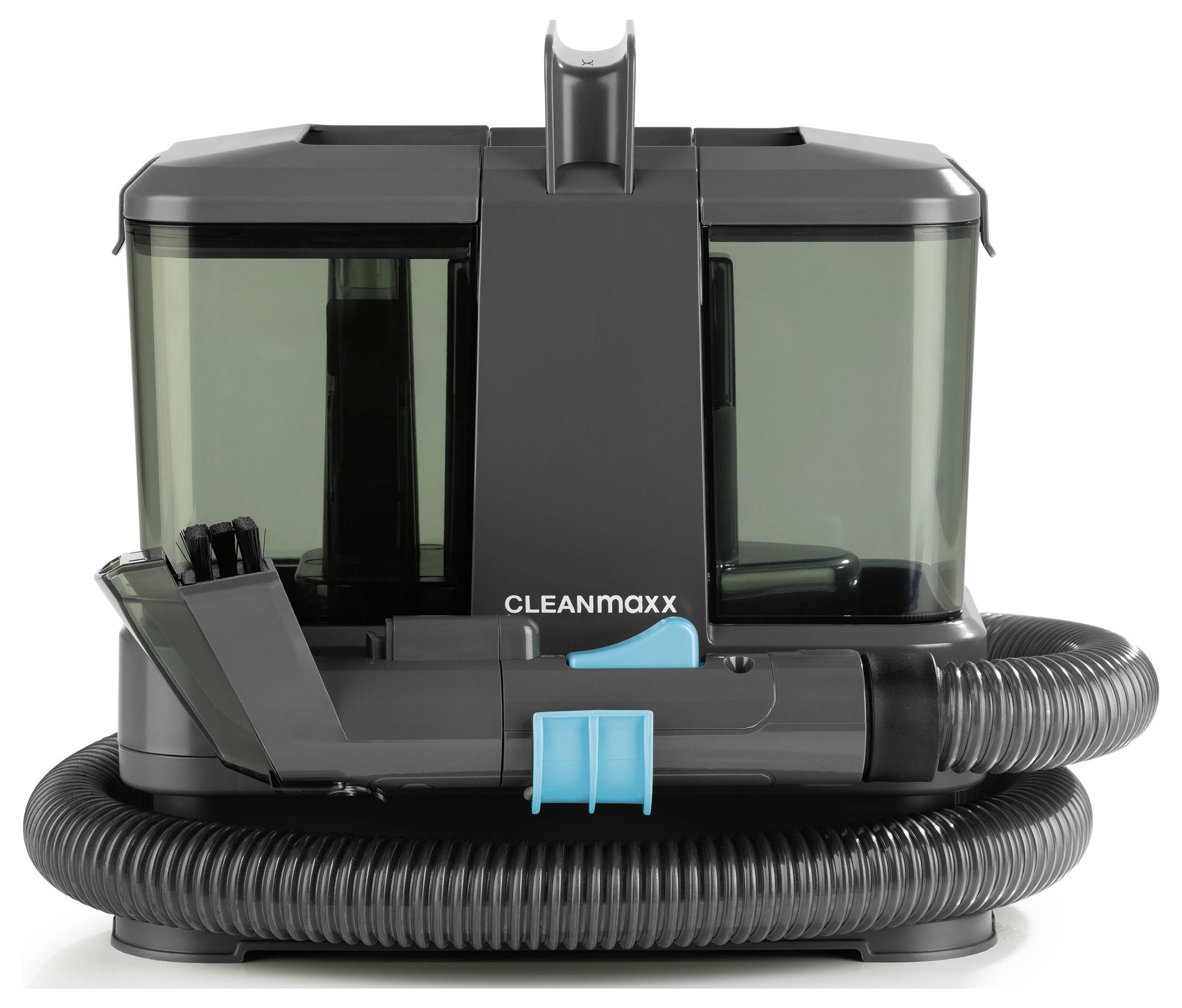 Ein schwarz-grauer Staubsauger mit durchsichtigem Tank und aufgewickeltem Schlauch an der Basis, mit der Bezeichnung "CLEANmaxx".