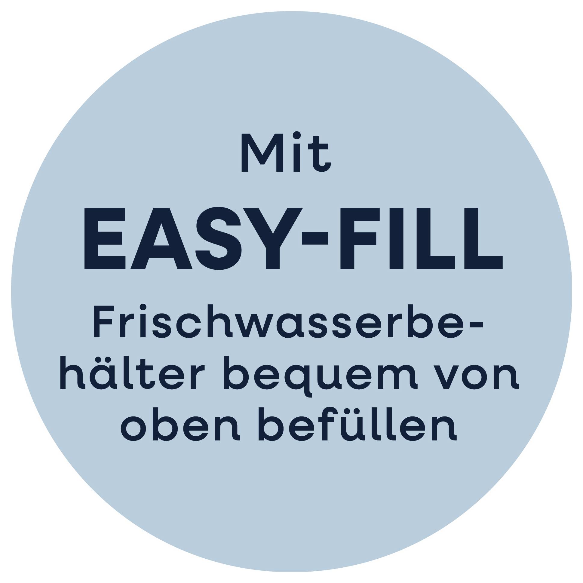 Blauer Kreis mit Text: 'Mit EASY-FILL Frischwasserbehälter bequem von oben befüllen'.