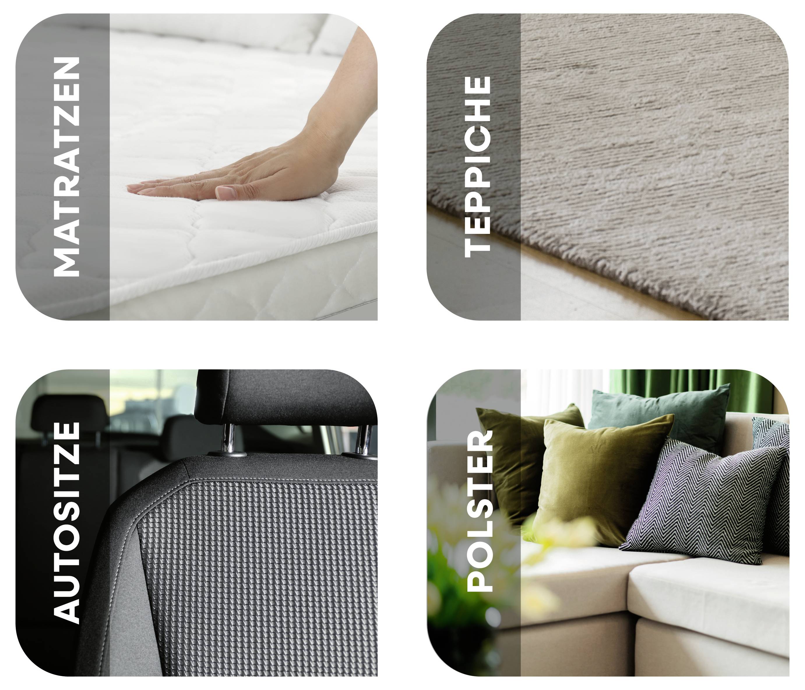 Die Bildkollage zeigt Matratzen, Teppiche, Autositze und Polster als vier Textilarten, die vermutlich gereinigt oder behandelt werden.