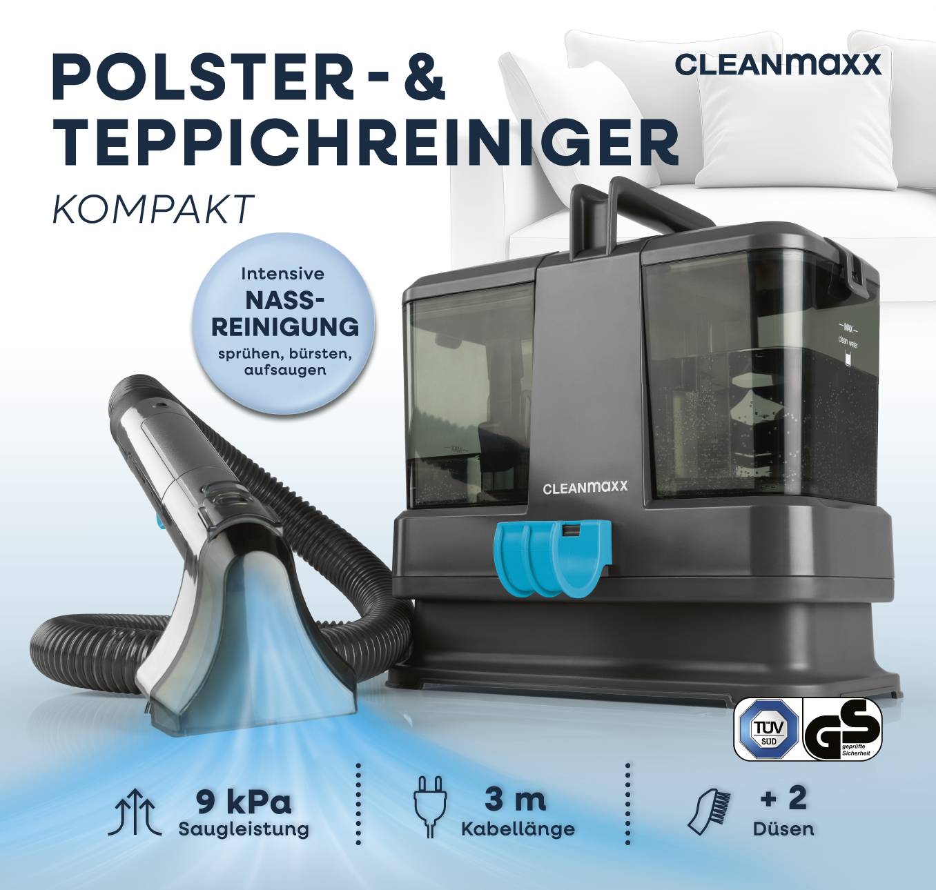 'Polster- & Teppichreiniger kompakt' Text oben; Gerät mit Handdüse sprüht blauen Schaum; Symbole für Leistung, Kabellänge, Düsenanzahl.