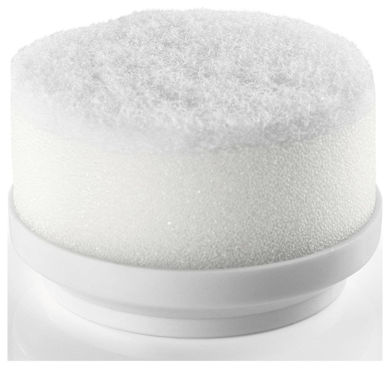 Eine Nahaufnahme einer kreisförmigen weißen Borstenbürste mit dicht gepackten, aufrecht stehenden Borsten. Die Bürste ist zum Reinigen oder Schrubben ausgelegt.