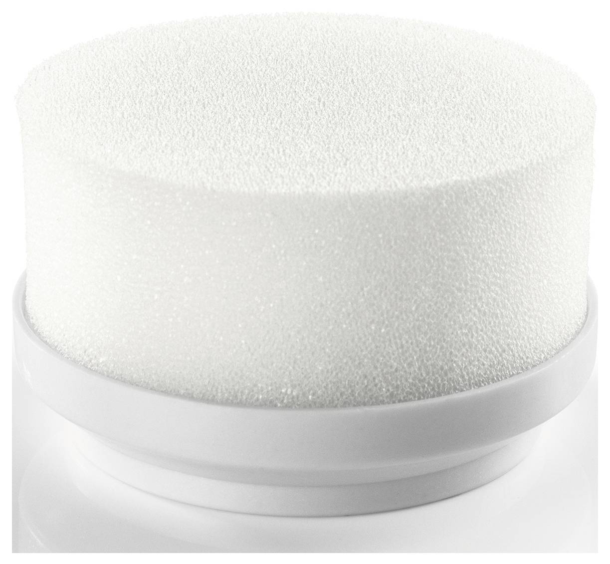 Ein zylindrischer Schaumstoff-Applikator mit glatter weißer Oberfläche, der auf einem weißen Behälter sitzt.