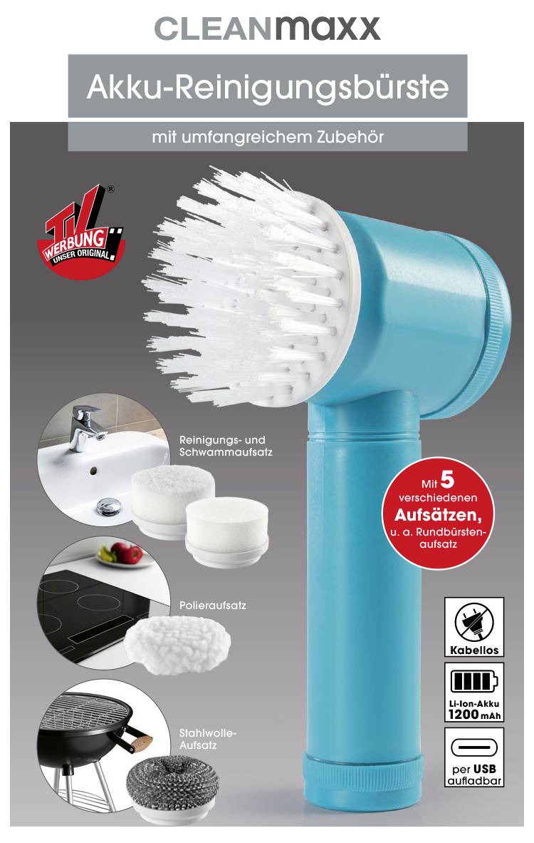 Akku-Reinigungsbürste mit fünf Aufsätzen. Geeignet für Küche und Bad. Enthält Zubehör für verschiedene Reinigungsanwendungen.