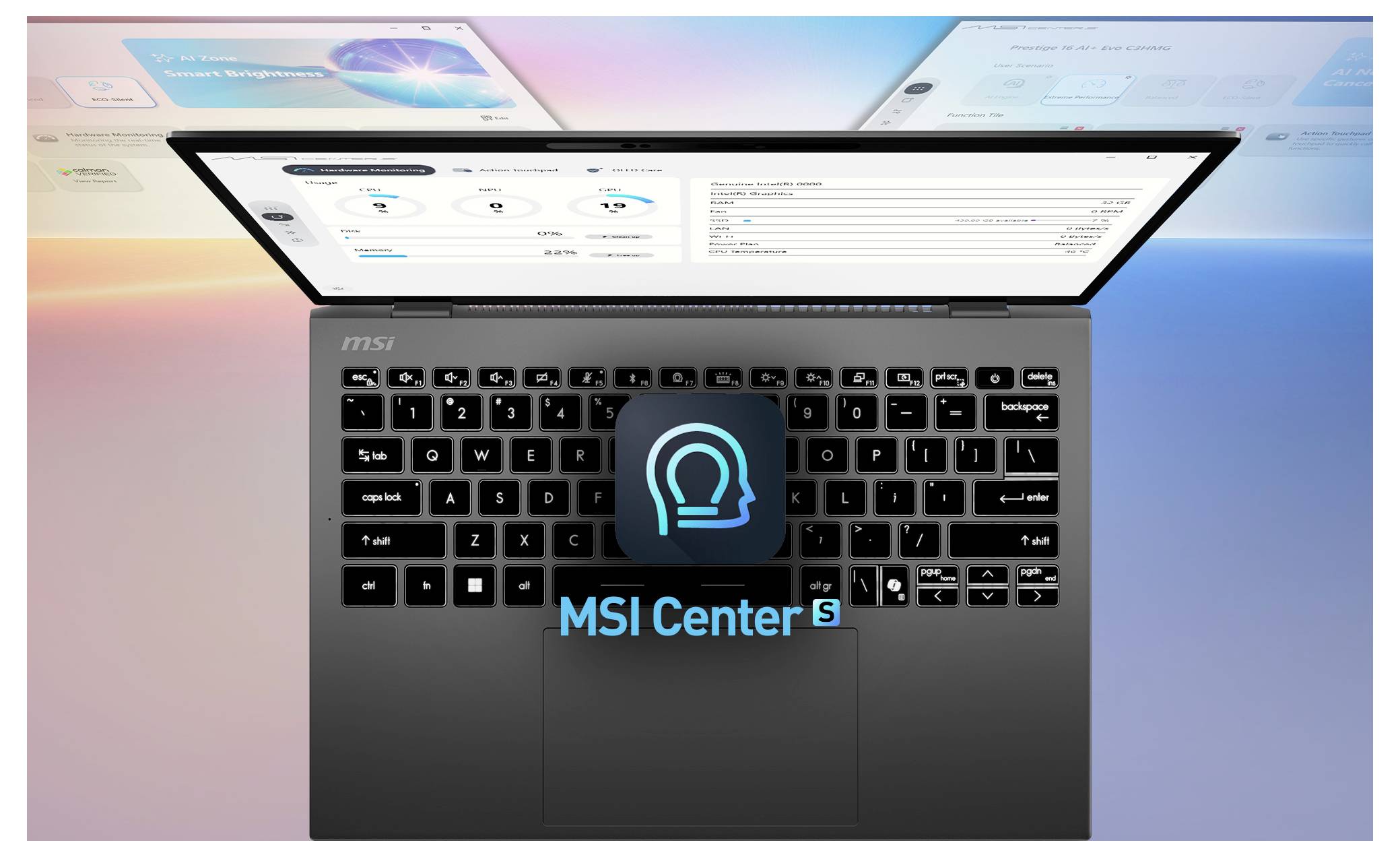 Ein Laptop zeigt das MSI Center auf dem Bildschirm mit verschiedenen Leistungsmetriken und Einstellungen an. Der Hintergrund zeigt abstrakte Grafiken.