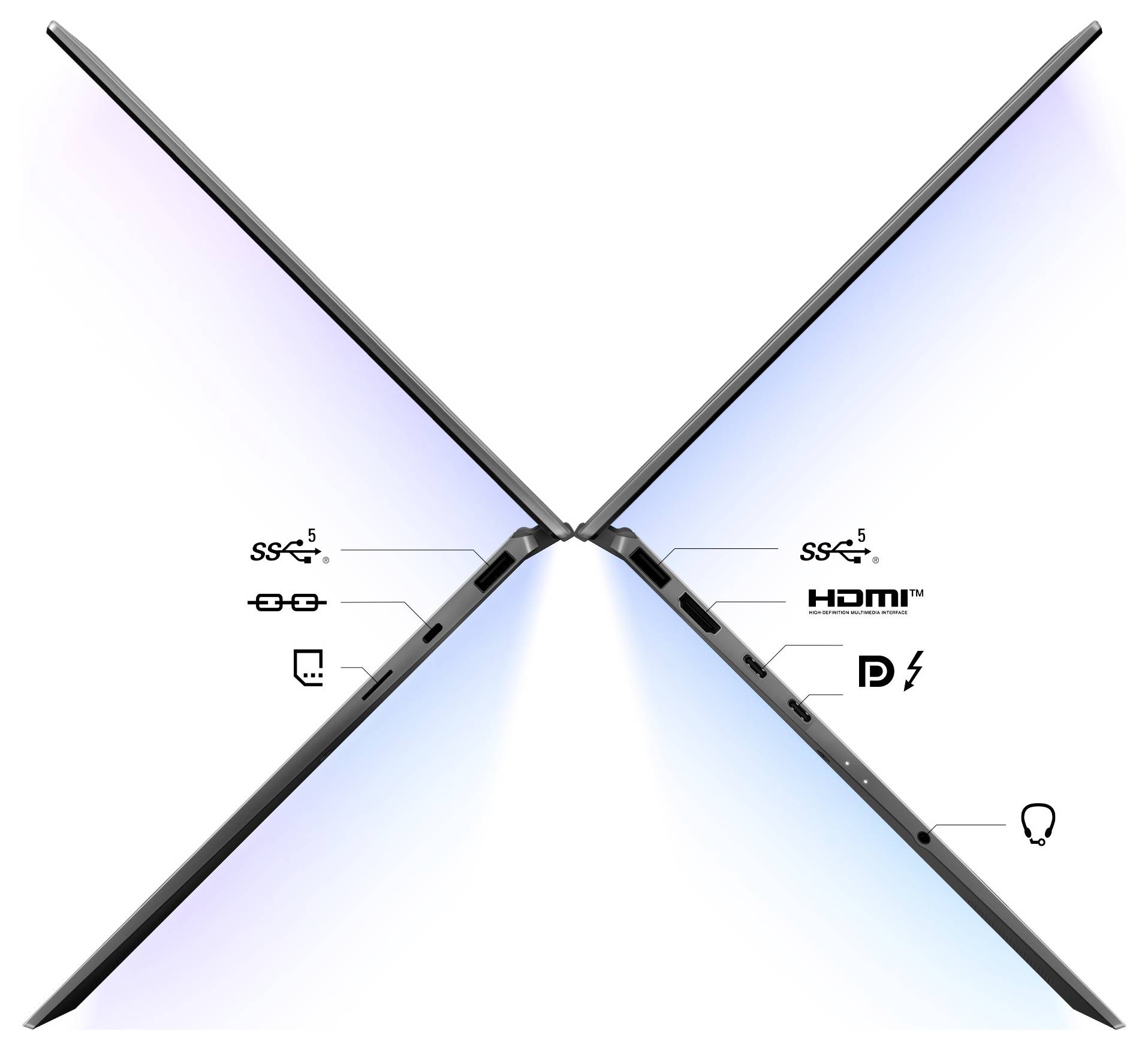 Zwei Laptops, von der Seite betrachtet, bilden eine X-Form. Anschlüsse und Symbole zwischen ihnen zeigen verschiedene Konnektivitätsoptionen wie USB, HDMI und Thunderbolt.