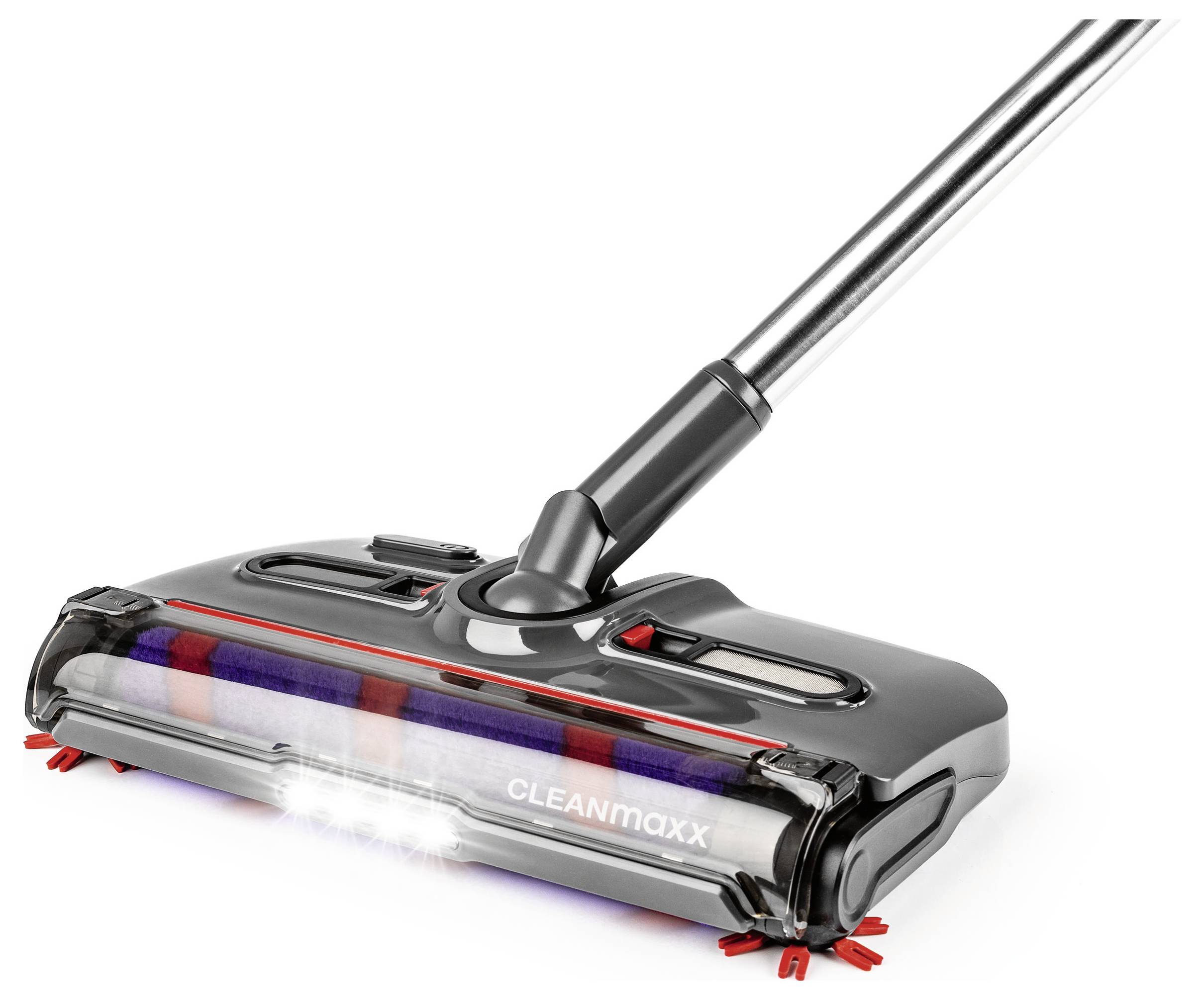 Ein Staubsaugerkopf mit mehrfarbigen Bürsten und LED-Leuchten, mit der Marke 