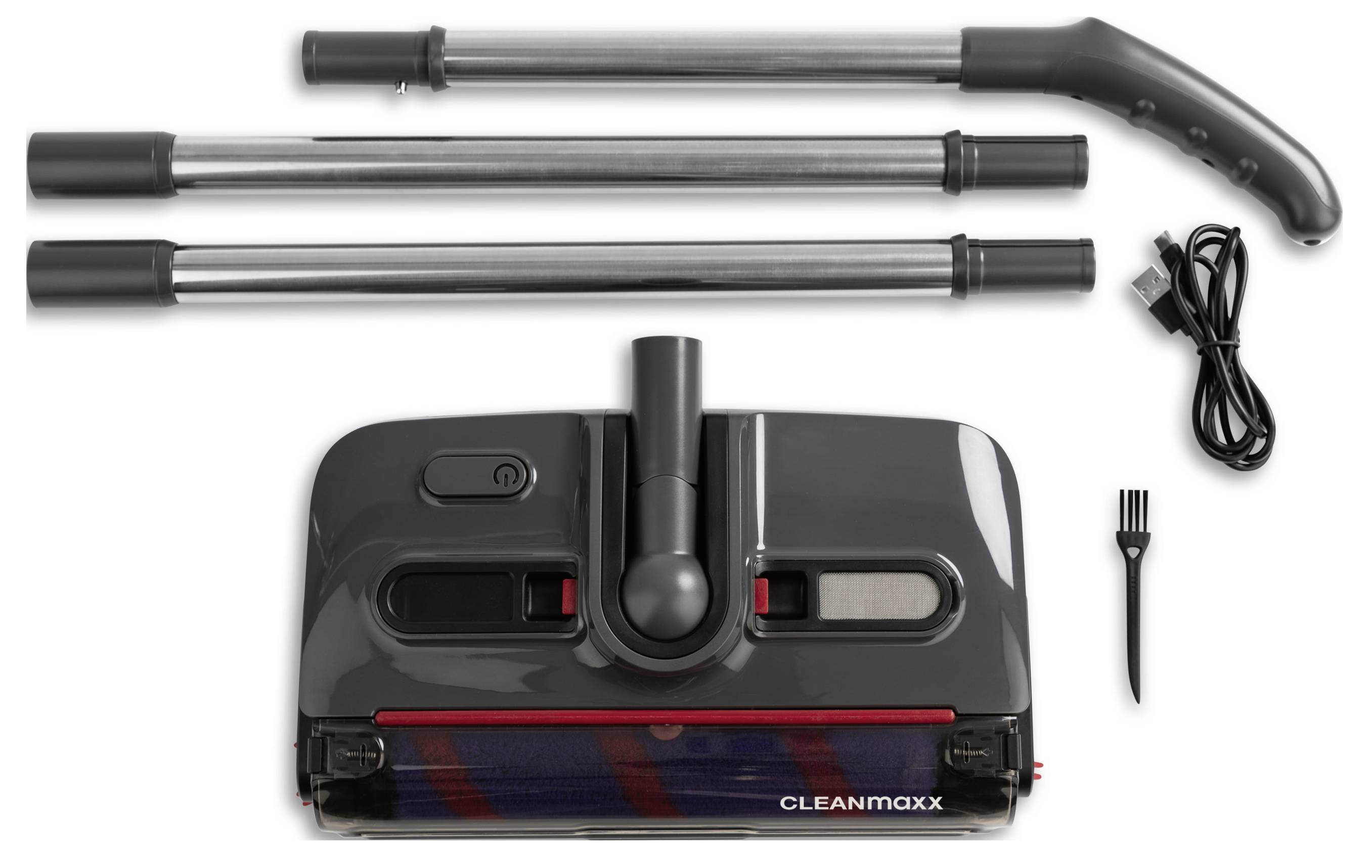 „Staubsaugerzubehör ausgelegt: Griff, Verlängerungsrohre, Hauptreinigungskopf mit Aufschrift „Cleanmaxx