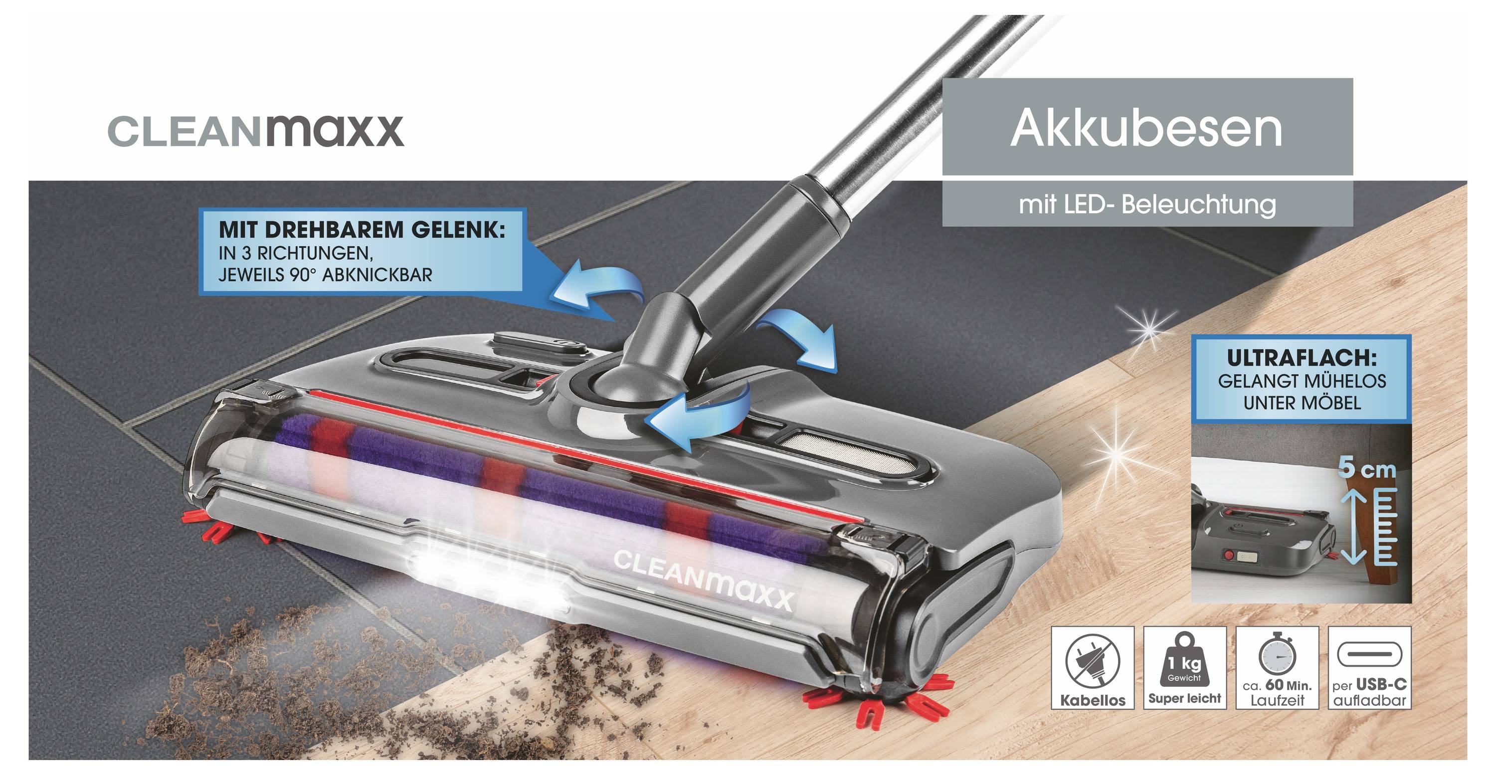 Akkubesen mit LED-Beleuchtung, drehbarem Gelenk und 5 cm Höhe, ideal für glatte Böden und unter Möbeln. Mit USB-C Ladefunktion.