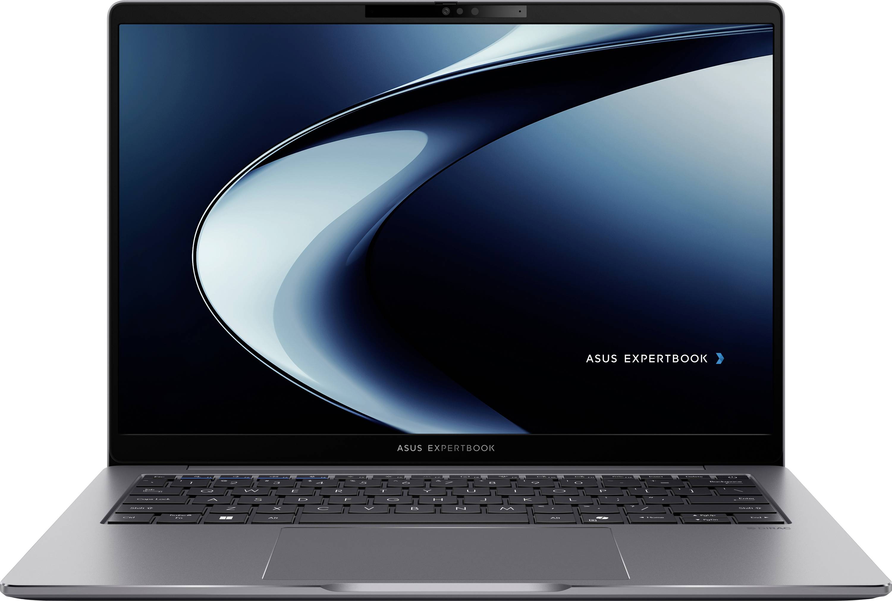 Ein grauer Laptop mit schlankem Design, aufgeklappt gezeigt, mit einem Bildschirmschoner auf dunklem, abstraktem Hintergrund, auf dem der Text „Asus ExpertBook