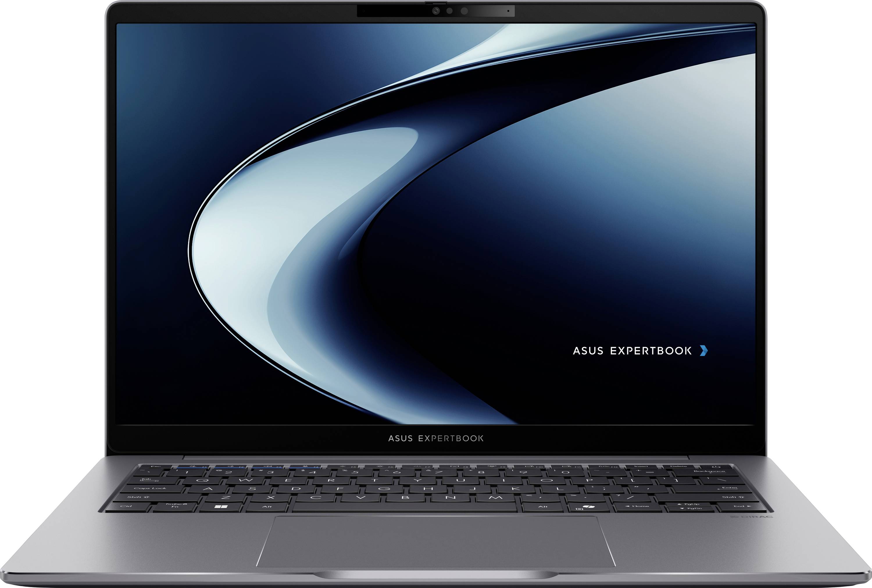 Ein eleganter Laptop mit einem stilisierten blauen Wellendesign auf dem Bildschirm, mit dem Markennamen 