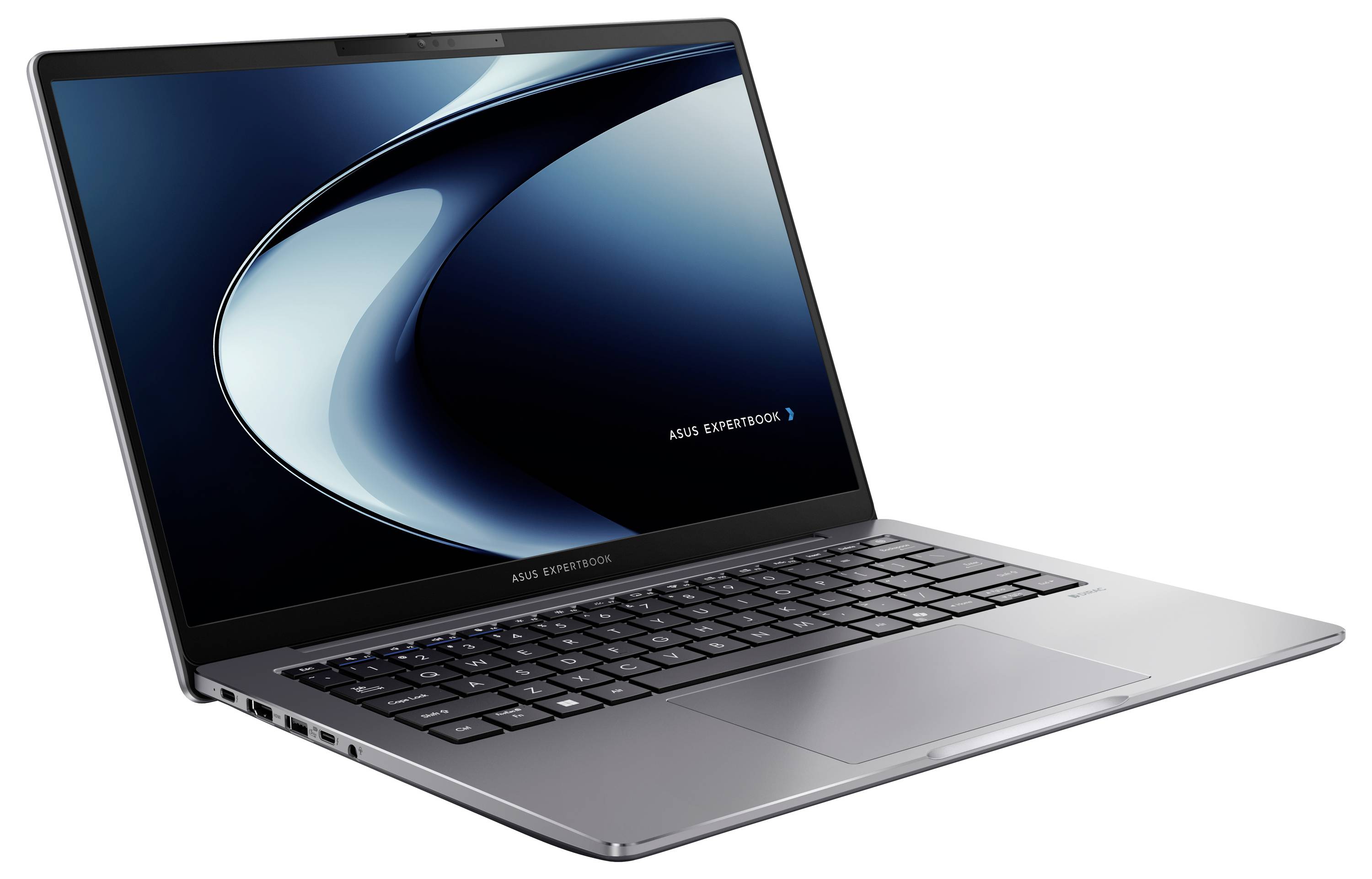Ein eleganter, moderner Laptop mit dunklem Bildschirm, auf dem ein subtiles Wellendesign angezeigt wird. Die Tastatur ist beleuchtet, und das Markenlogo ist unterhalb des Bildschirms sichtbar.
