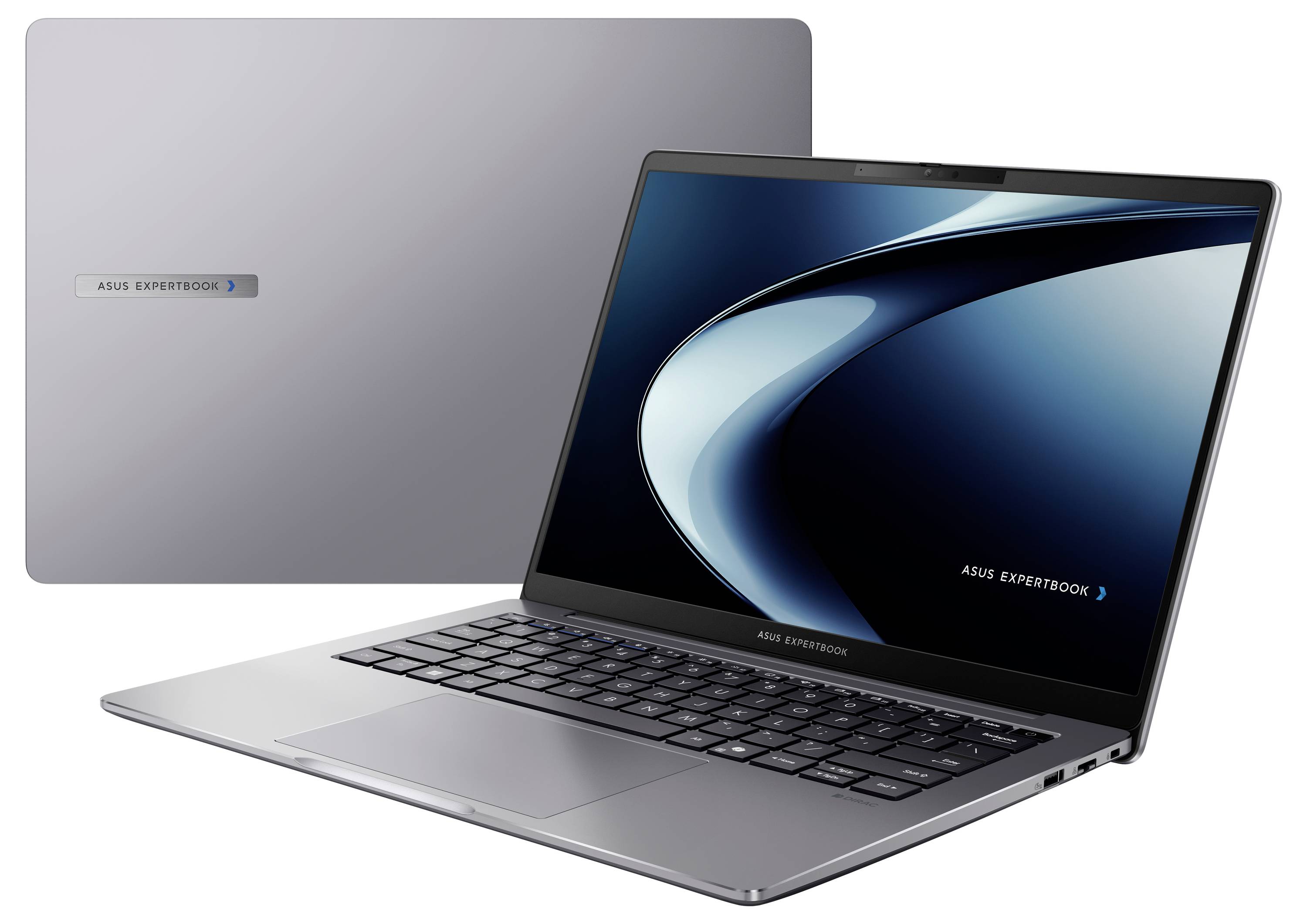 Ein silberner Laptop mit dunklem Bildschirm, auf dem ein blau-weißes abstraktes Design angezeigt wird, positioniert neben einem teilweise sichtbaren geschlossenen Laptop.