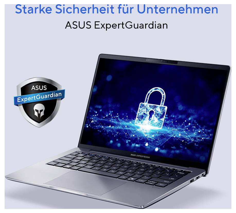 'ASUS ExpertGuardian'-Werbung zeigt einen Laptop mit digitalem Schlossbildschirm. Text: 'Starke Sicherheit für Unternehmen'.