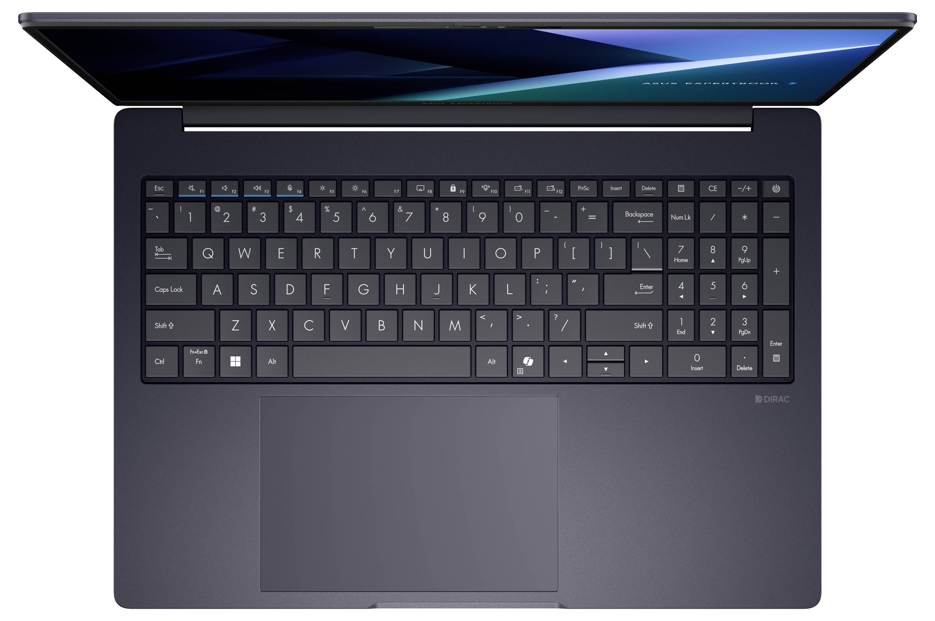 Ein elegantes, offenes Laptop mit einer vollständigen QWERTY-Tastatur und einem großen Trackpad, von oben betrachtet, zeigt sein modernes, minimalistisches Design.