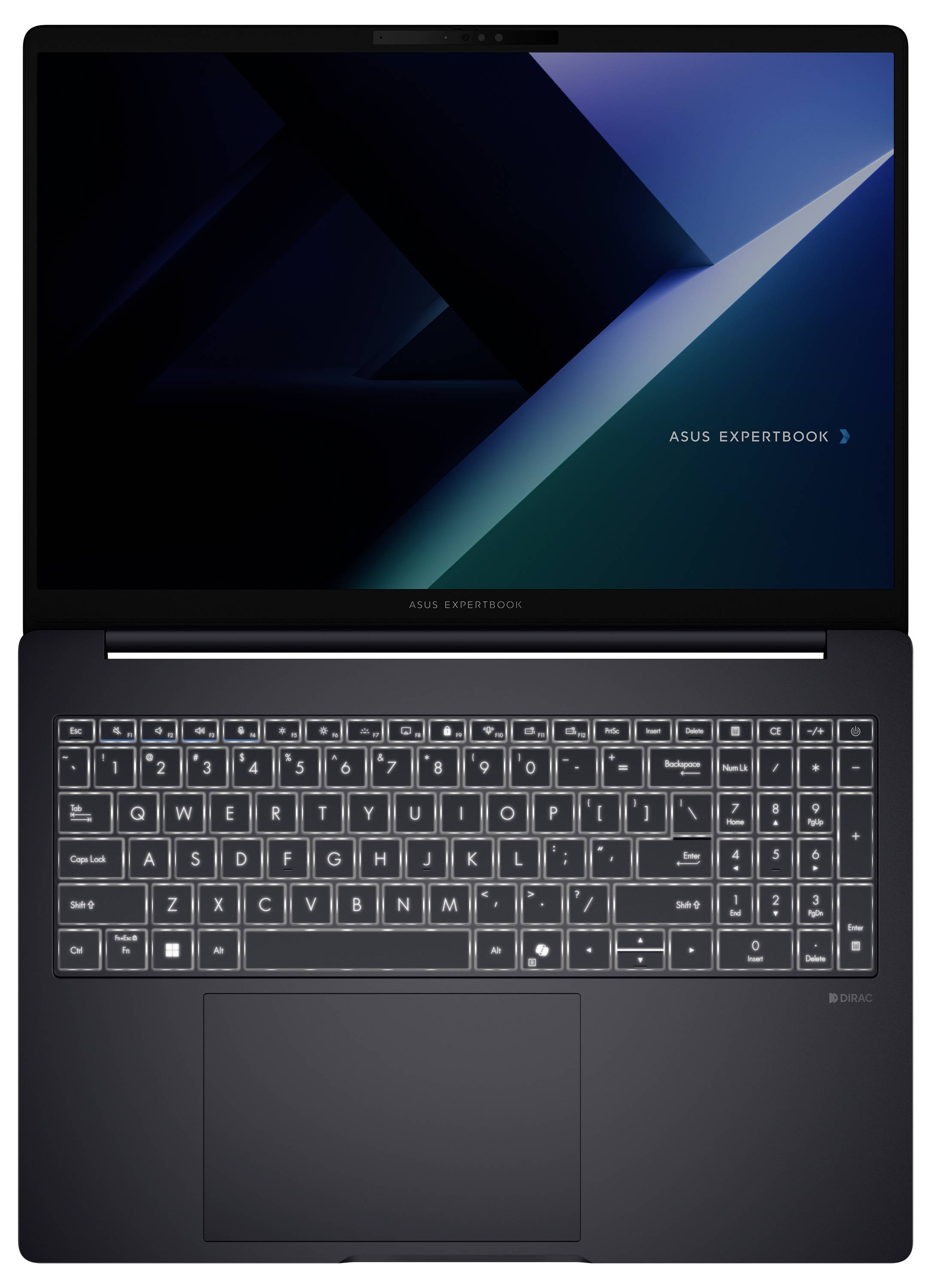 Ein elegantes, dunkel gefärbtes Laptop mit beleuchteter Tastatur und einem Bildschirm, der eine geometrische Tapete anzeigt. Die Marke „ASUS ExpertBook
