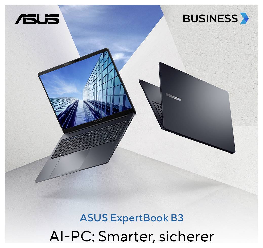 Zwei ASUS ExpertBook B3 Laptops schweben vor geometrischem Hintergrund; Text: 'ASUS ExpertBook B3, AI-PC: Smarter, sicherer'.