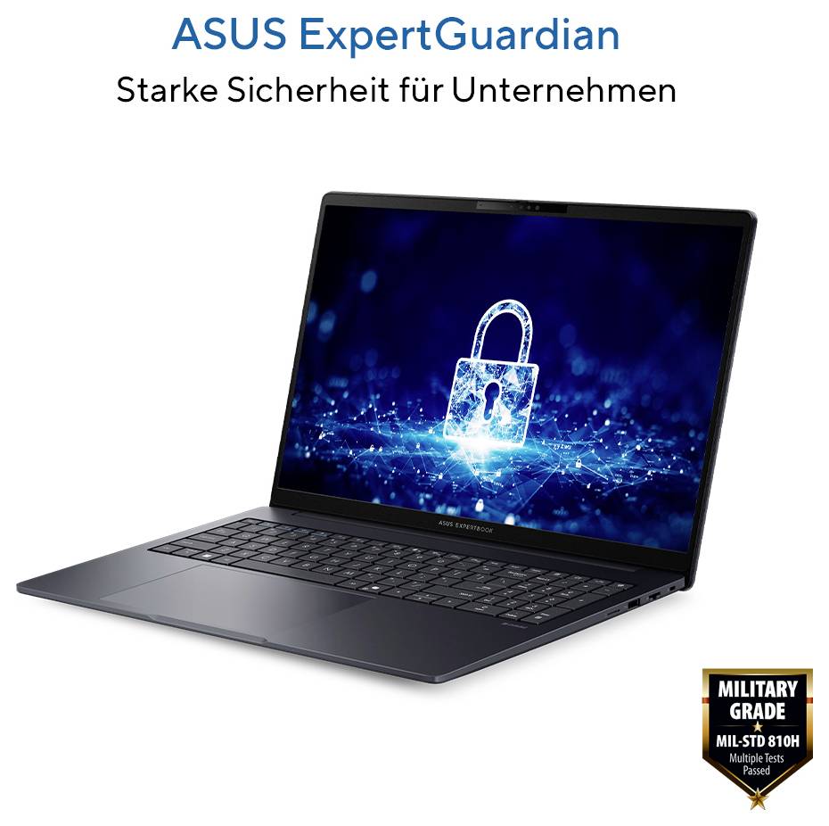 'ASUS ExpertGuardian' Laptop mit Bild eines Vorhängeschlosses auf dem Bildschirm. Text 'Starke Sicherheit für Unternehmen' oben.