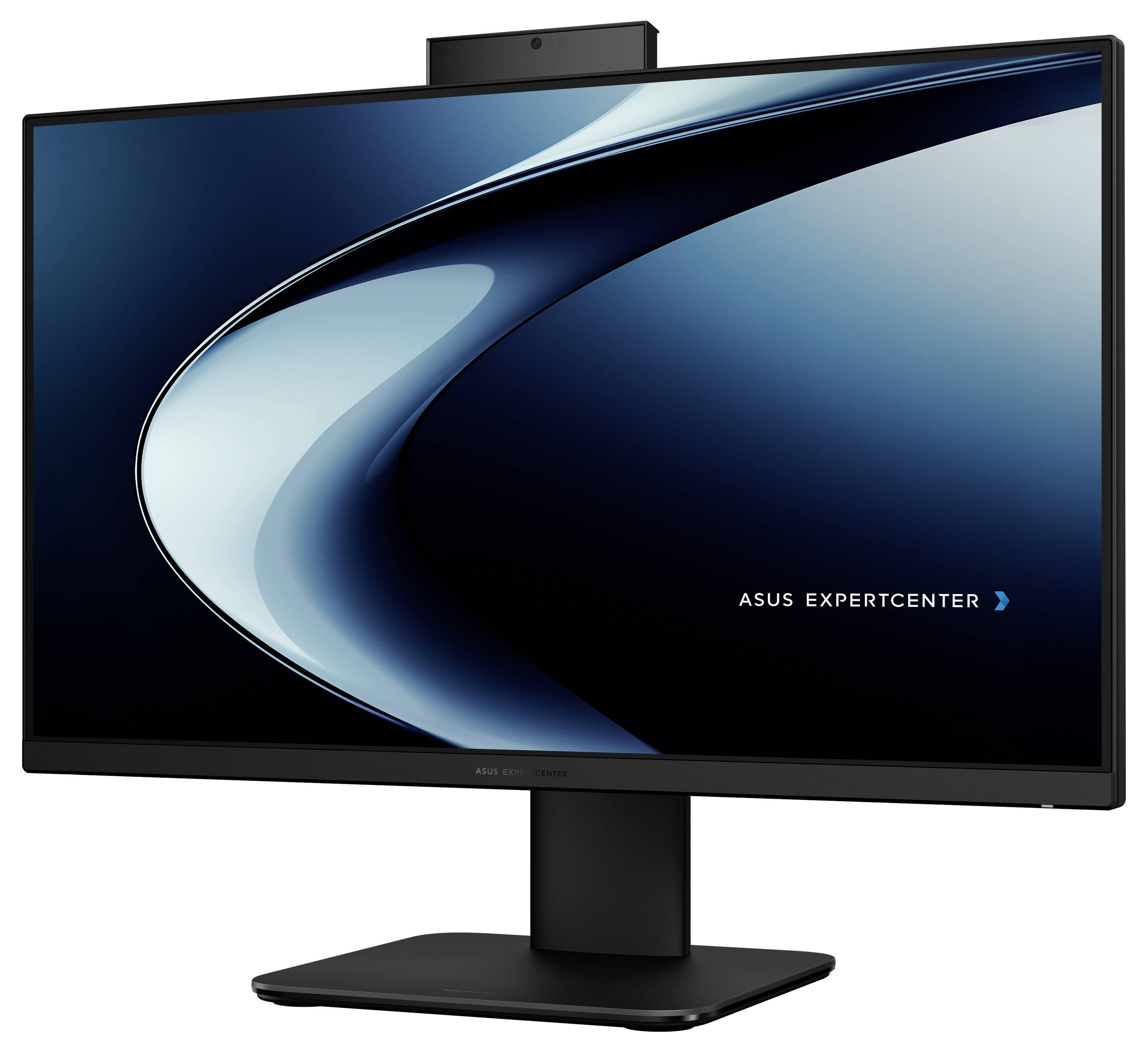 Ein schwarzer ASUS ExpertCenter Monitor mit elegantem, modernem Design zeigt einen blau und schwarzen abstrakten Hintergrund an.