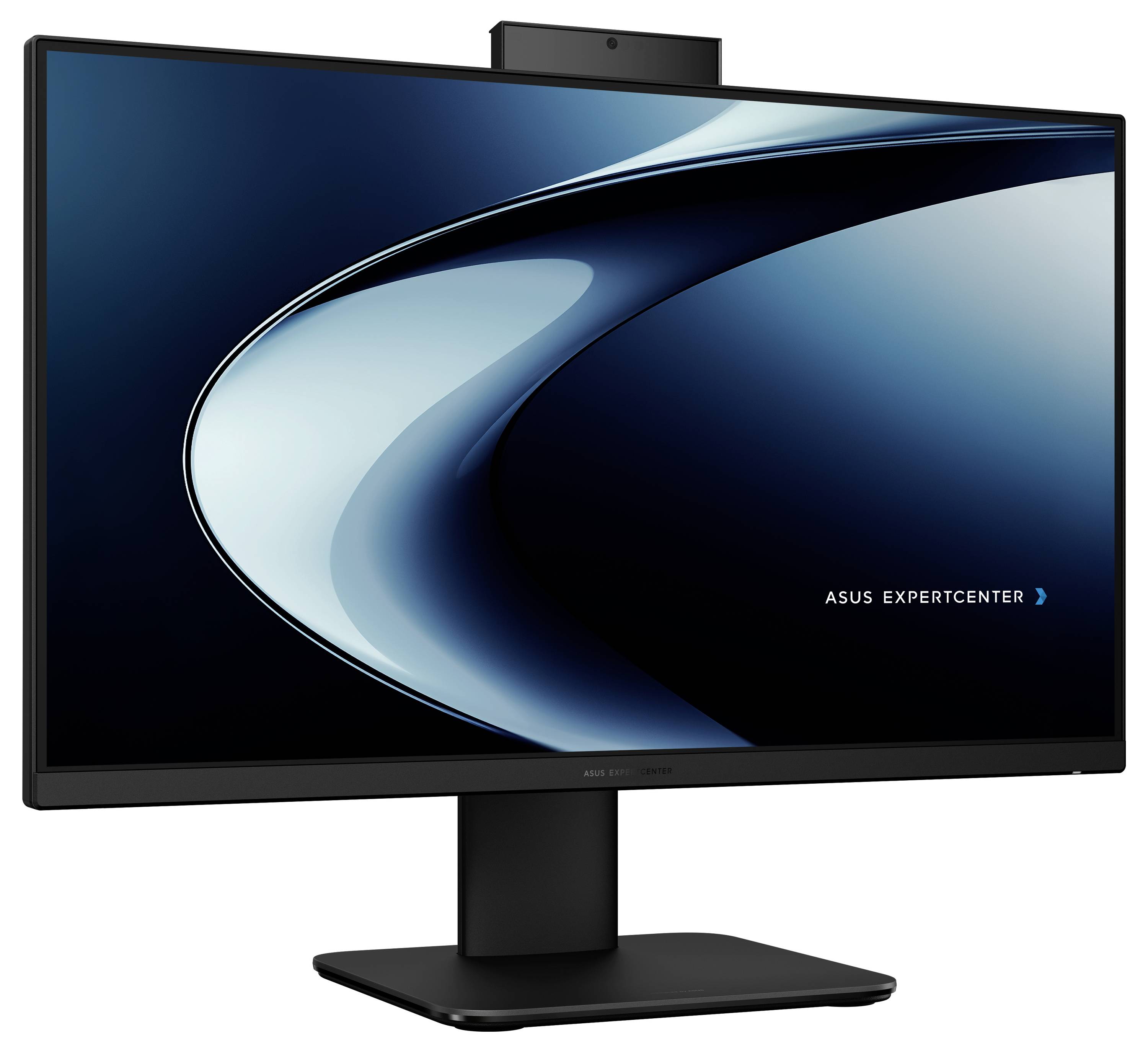 Ein schlanker Computermonitor, auf dessen Bildschirm ein digitales Wellendesign angezeigt wird, mit dem Text „ASUS ExpertCenter