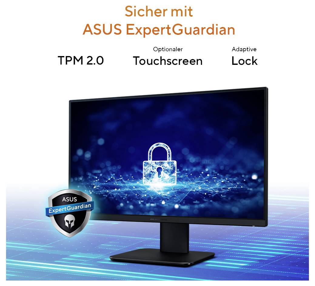 Ein Computermonitor zeigt ein Sicherheitssymbol auf dem Display. Darüber steht 'Sicher mit ASUS ExpertGuardian' in orange.
