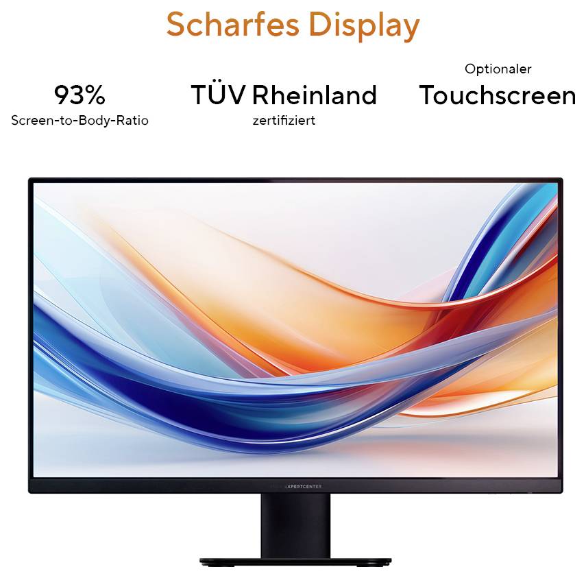 „Scharfes Display“: Monitor mit 93 % Screen-to-Body-Ratio, TÜV Rheinland zertifiziert. Optionaler Touchscreen. Farbiges Hintergrundbild.