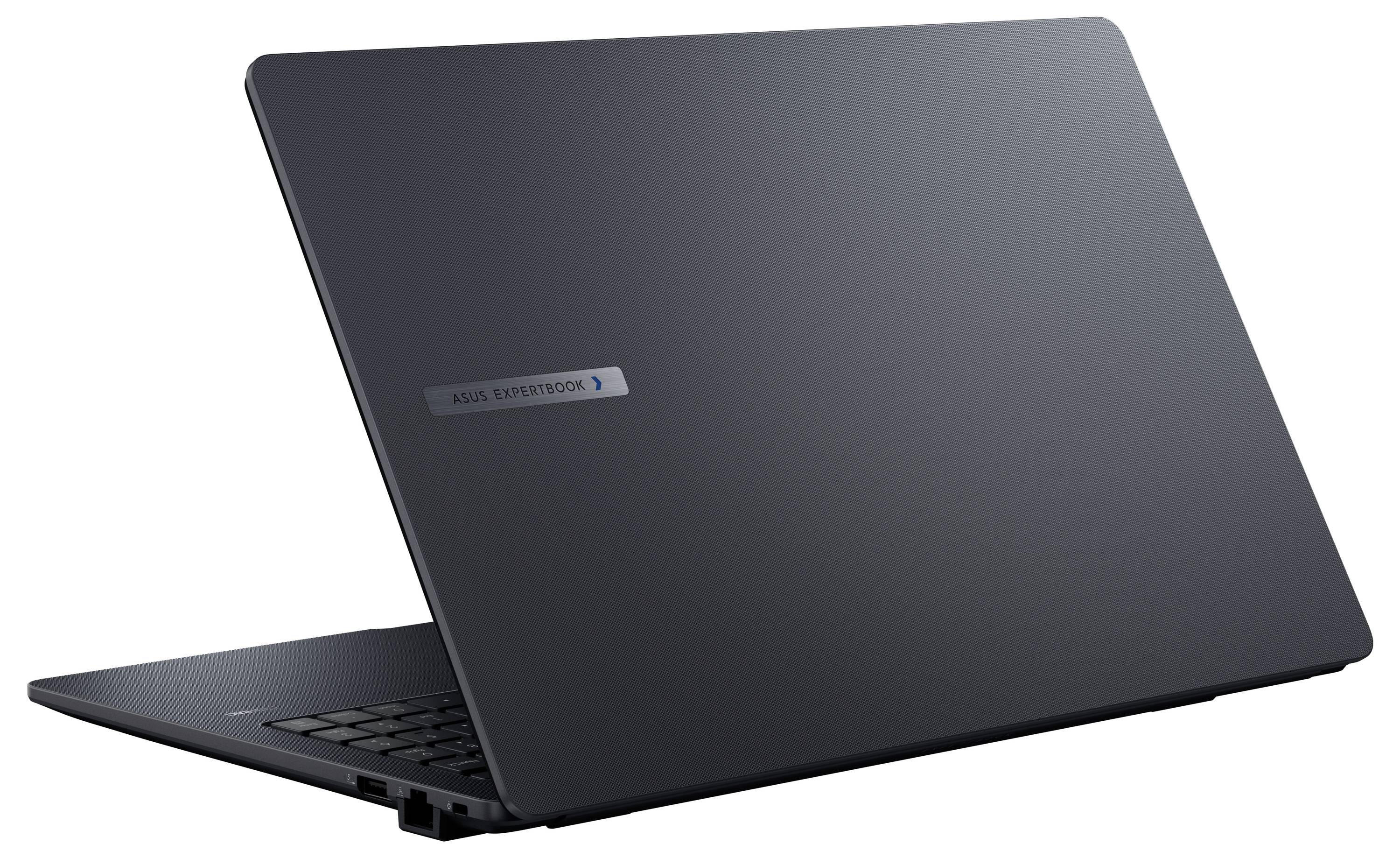 Ein schlanker dunkelgrauer Laptop, der in einem Winkel geöffnet ist und ein minimalistisches Design mit metallischer Oberfläche und einem Logo auf der Rückseite zeigt.