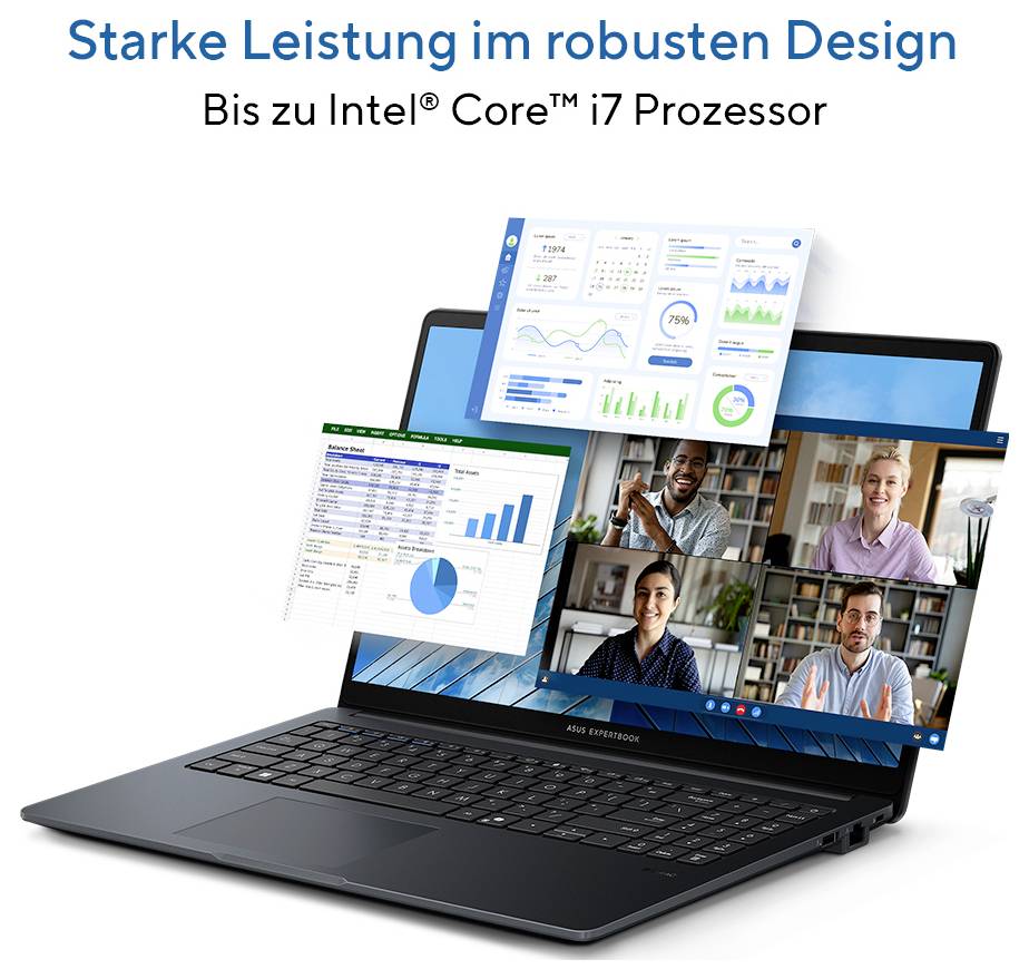 Laptop mit geöffnetem Bildschirm zeigt Diagramme und Videokonferenz. Text: 'Starke Leistung im robusten Design. Bis zu Intel® Core™ i7 Prozessor'.
