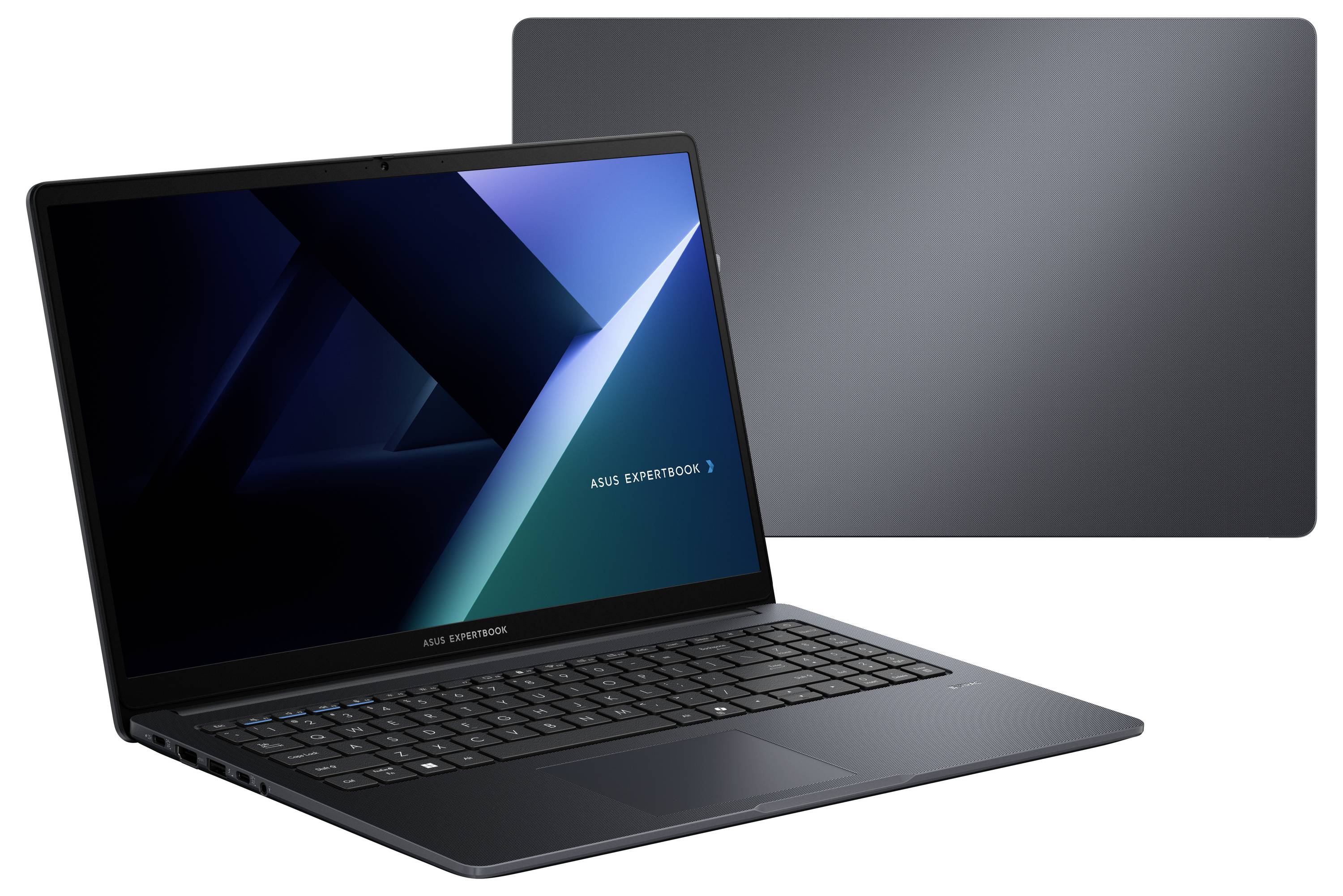 Ein eleganter, offener Laptop mit dunklem Farbschema wird angezeigt und zeigt geometrische Formen und den Text „ASUS ExpertBook