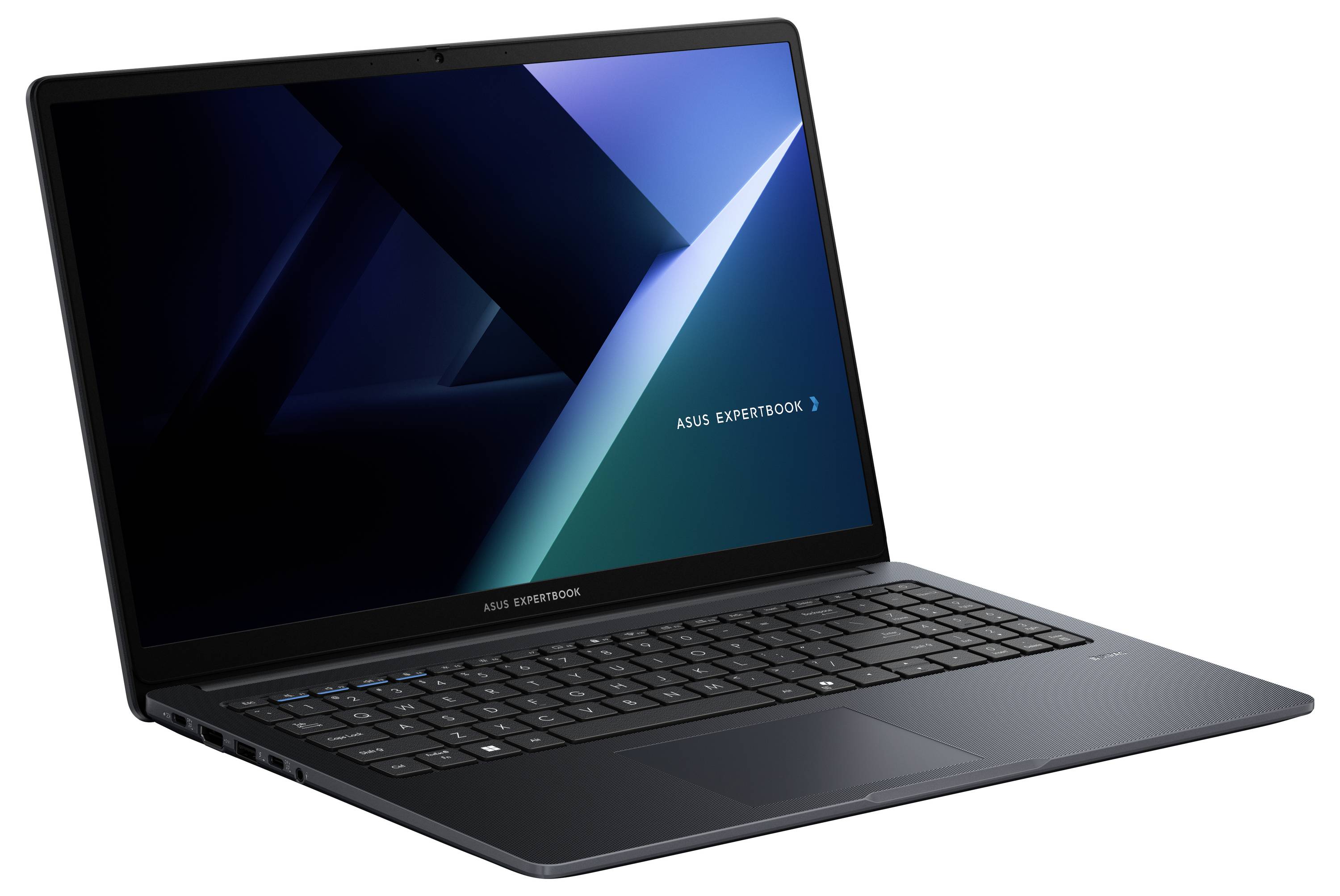 Ein schlanker, geneigter Blick auf einen Laptop, der ein geometrisches Design auf dem Bildschirm anzeigt.